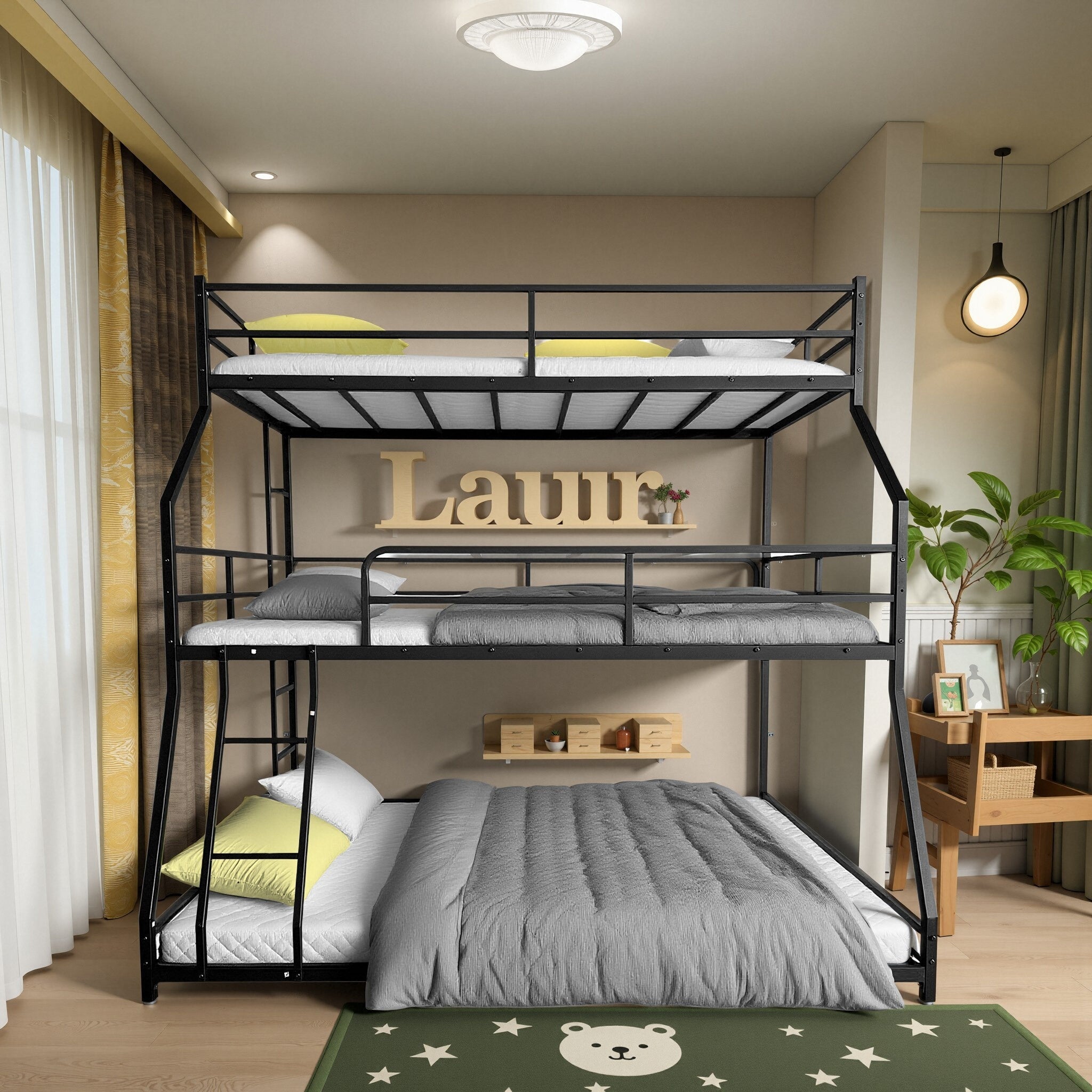 Triple Bed with Long and Short Ladder & Full-Length Guardrails , Easy Assembly ,for Kid Boy Girl ,Black