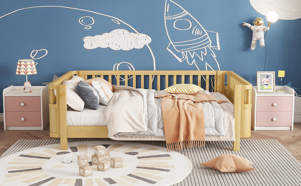 Full Size Wood Platform Bed for Kids, Wood Low Profile Full Bed with Rails for Girls and Boys, Natural (Patented Design, Old SKU W2593P233781)