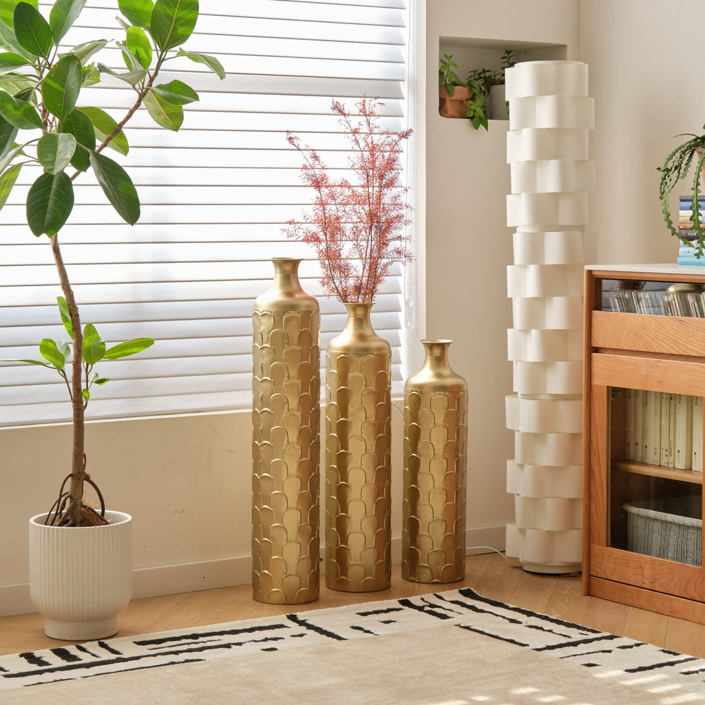Floor Metal Vases Decorated White Metal Vases Set of 3 Gorgeous Home Decoration Large Glazed Metal Vases 25.2in/29.33in/34.25in Height