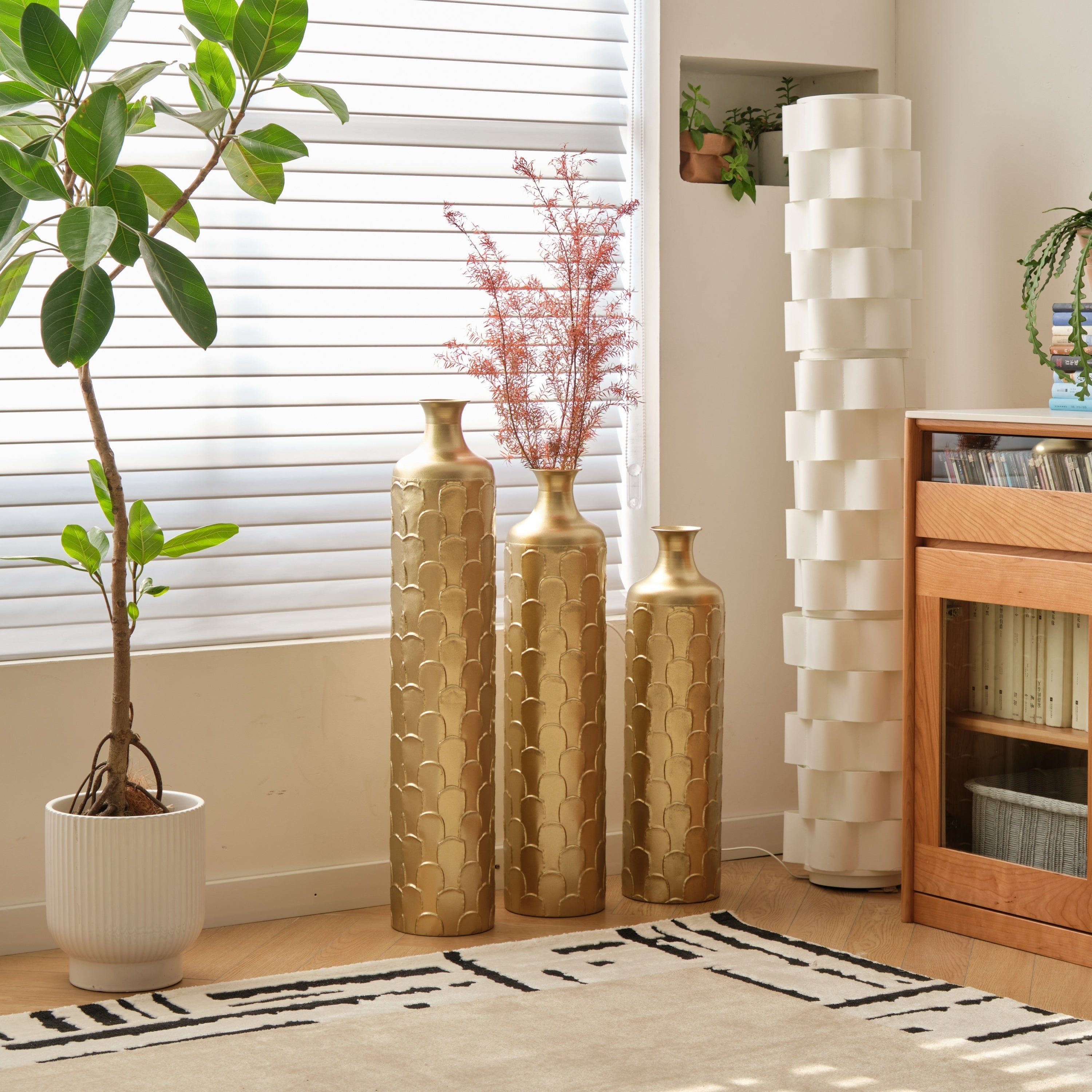 Floor Metal Vases Decorated White Metal Vases Set of 3 Gorgeous Home Decoration Large Glazed Metal Vases 25.2in/29.33in/34.25in Height