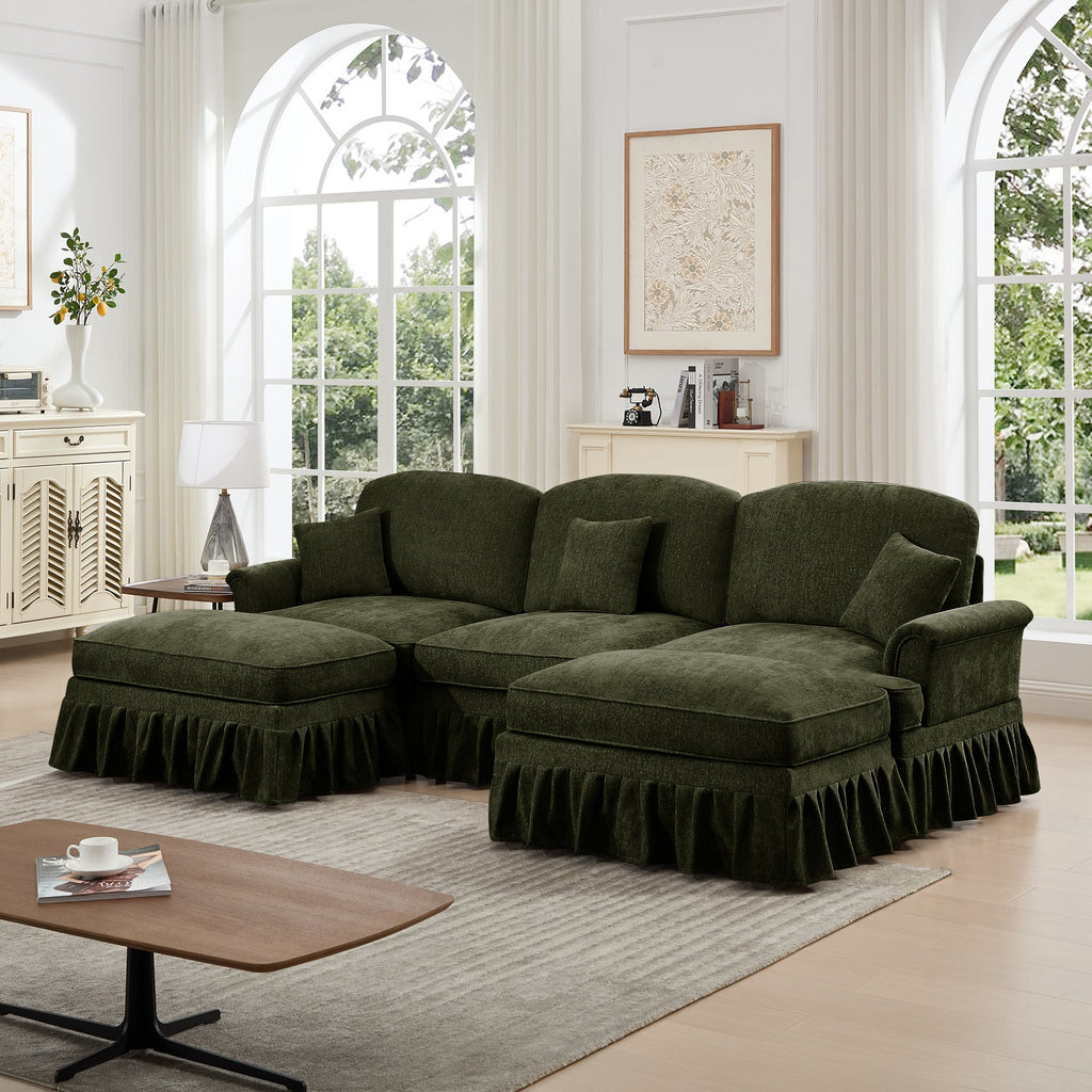 Classic Comfy Modular U Shape Sectional Sofa Couch with Flared Arms and Removable Ruffles Pleats Skirts and Spindle Legs, Upholstered Chenille Deep Seat Cloud Sofa with Movable Ottomans,Green