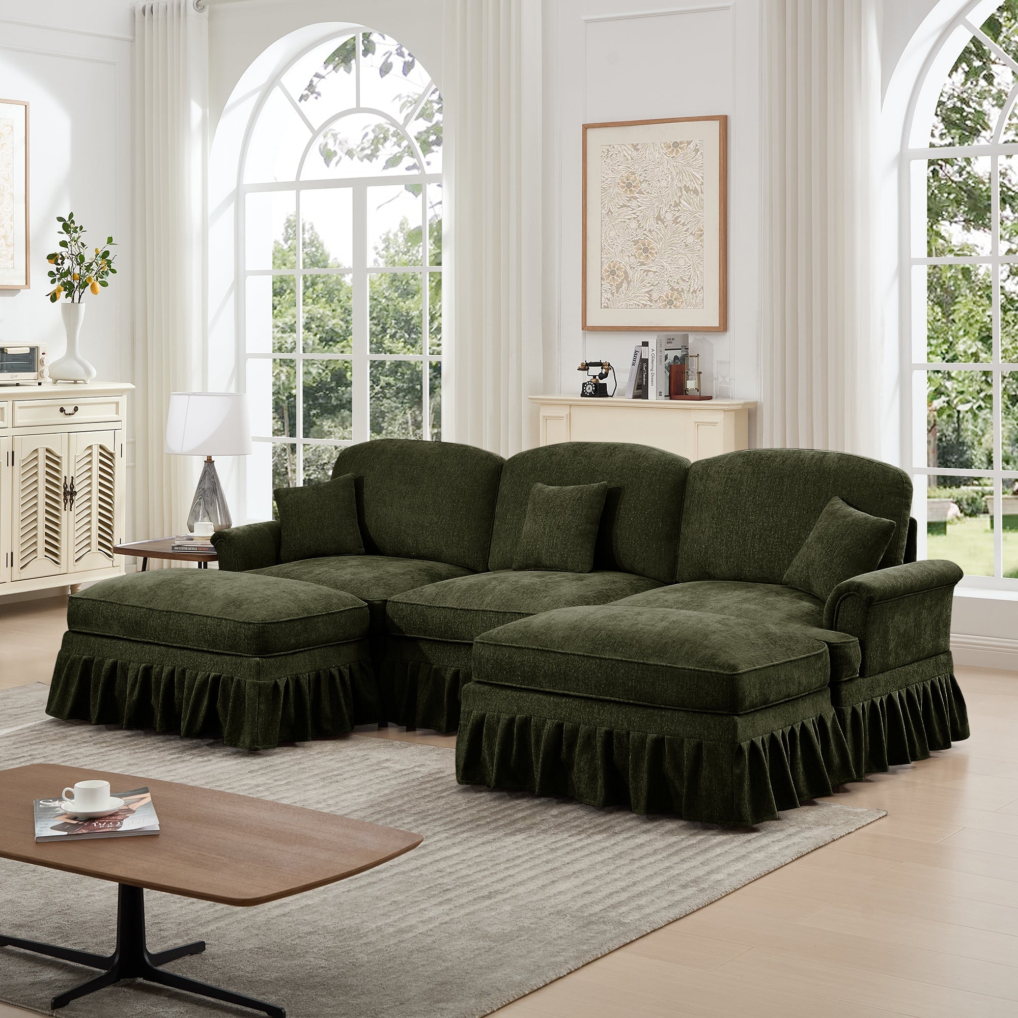 Classic Comfy Modular U Shape Sectional Sofa Couch with Flared Arms and Removable Ruffles Pleats Skirts and Spindle Legs, Upholstered Chenille Deep Seat Cloud Sofa with Movable Ottomans,Green