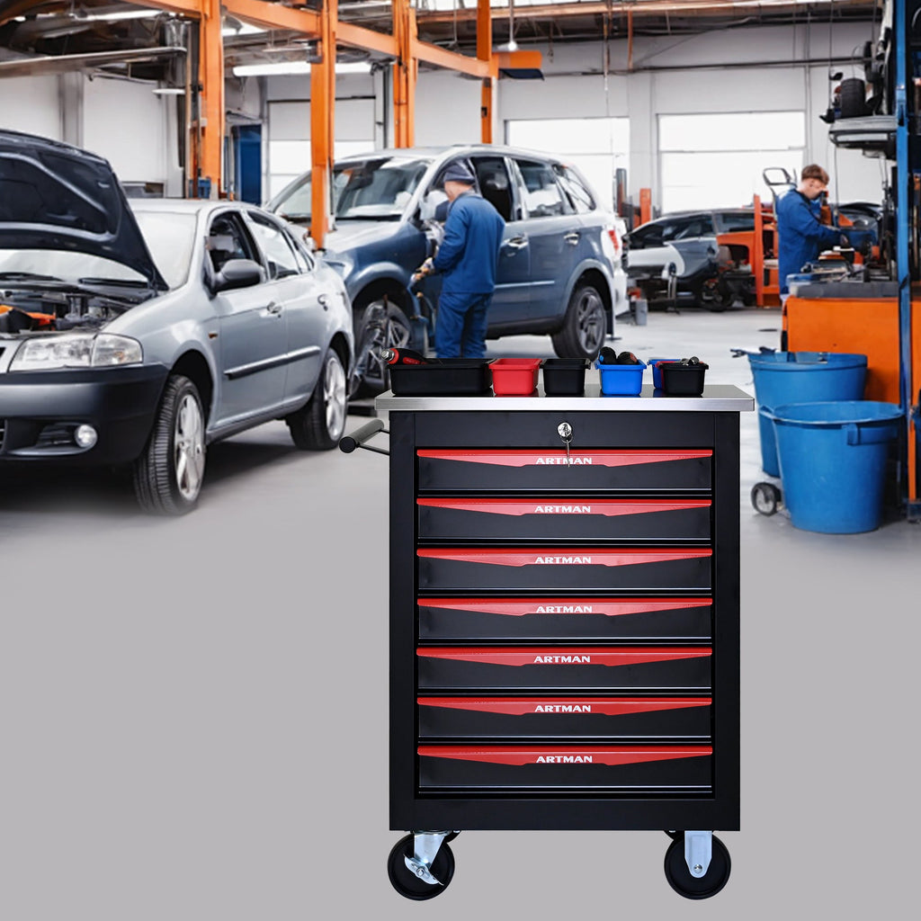 7-Drawer Multifunctional Tool Cart with Wheels, Metal Rolling Tool Cart Storage for Garage Workshop Warehouse Repair Shop - with Stainless Steel Roof - Black & Red