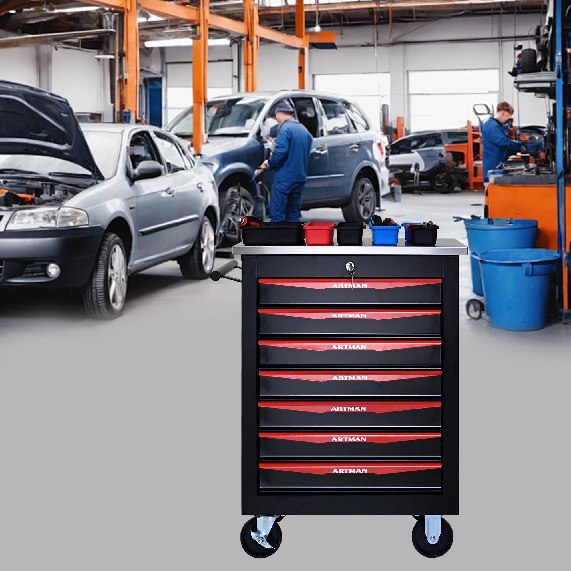 7-Drawer Multifunctional Tool Cart with Wheels, Metal Rolling Tool Cart Storage for Garage Workshop Warehouse Repair Shop - with Stainless Steel Roof - Black & Red