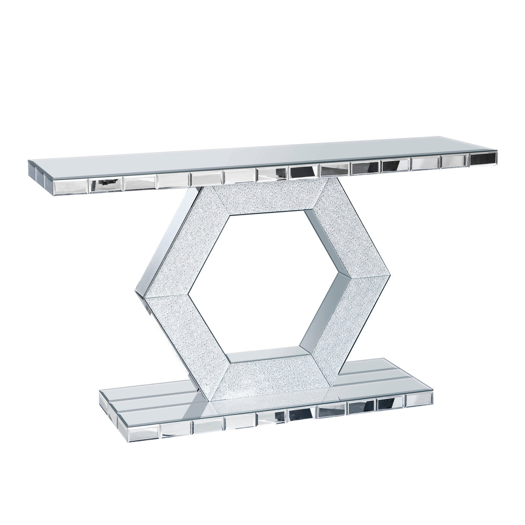 Sparkling Crystal Hexagon Mirror Entryway - Premium Modern Foyer Console Table with Diamond Glass Effects, Dual-Tier Luxury Sofa Table