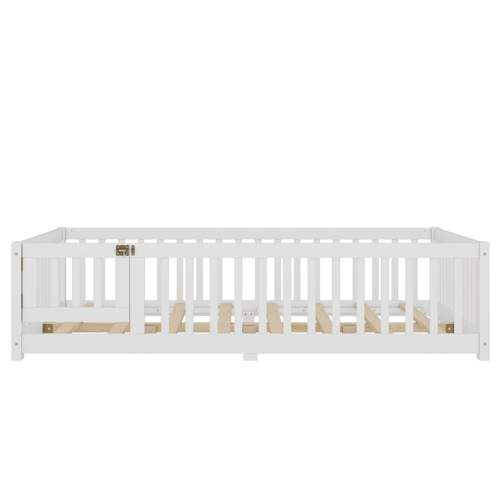 Full Size Bed Floor Bed with Safety Guardrails and Door for Kids, White(Old SKU: W1580P154625)