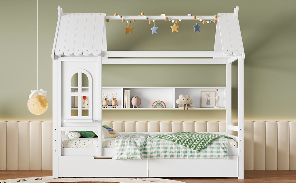 Twin house Beds with Storage Drawers and Window, Solid Wood House Platform Bed Frame with shelves, for Kids, Girls, Boys, No Spring Box Needed and Childlike Design, White