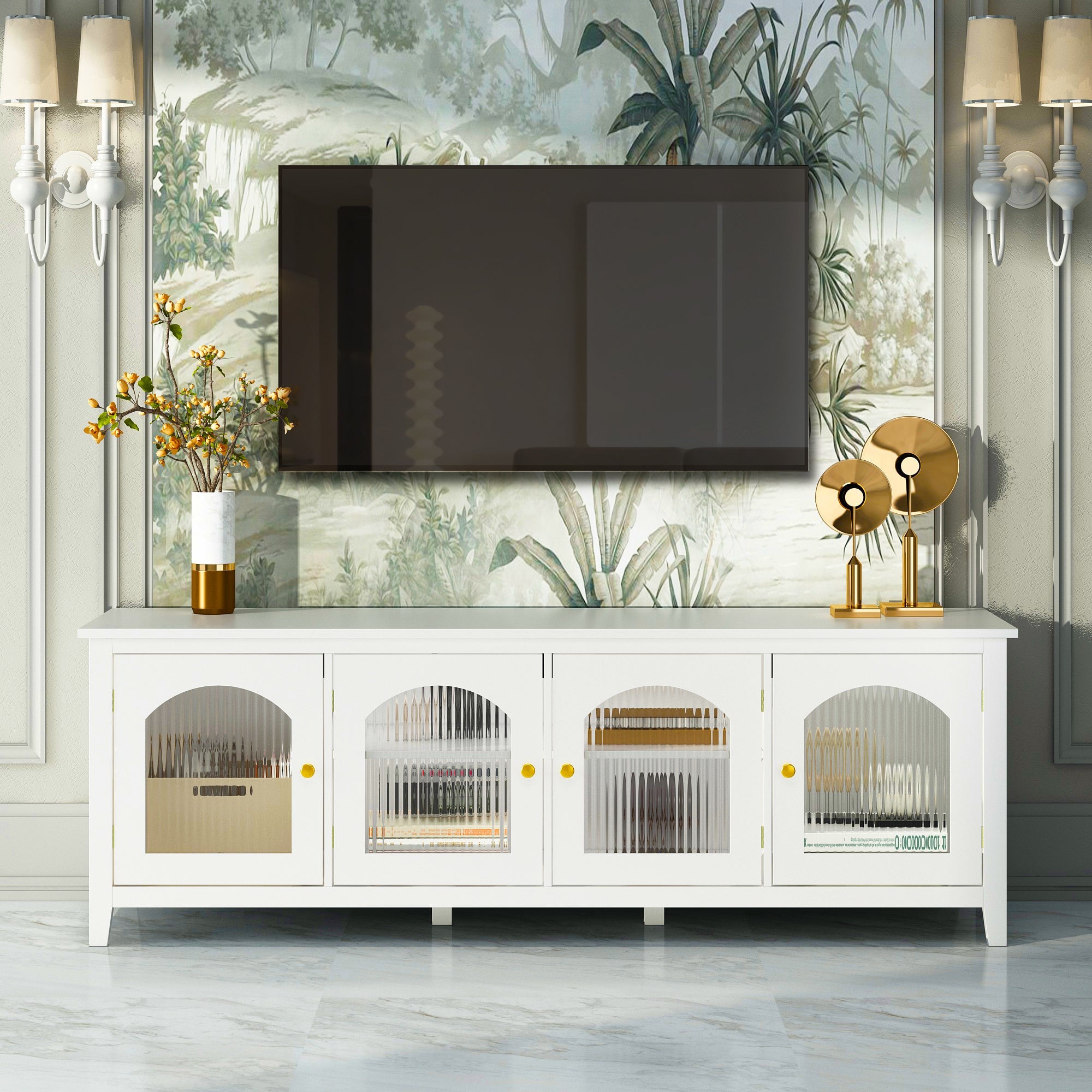 Antique White Stylish TV Cabinet Entertainment Center with Solid Wood Frame and Changhong Glass Door
