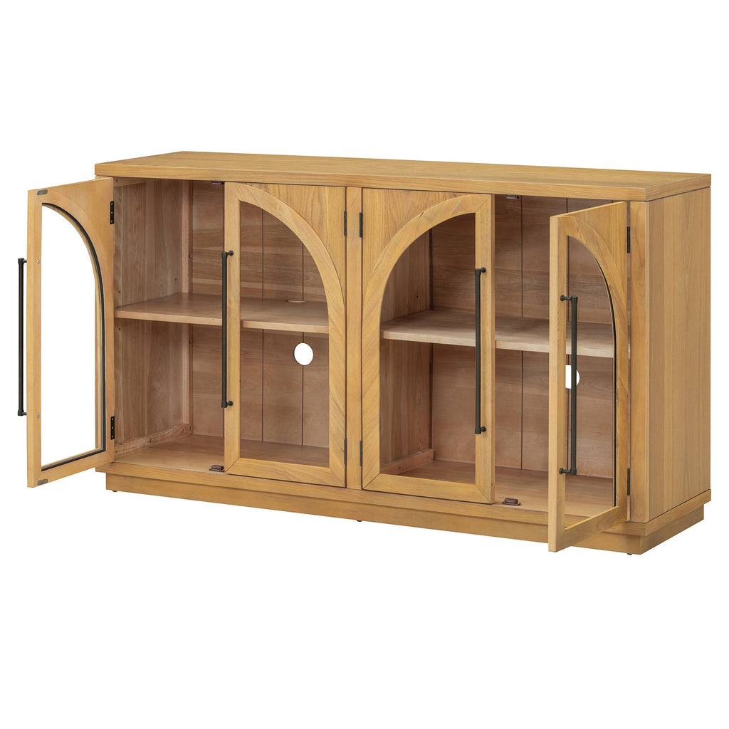 TREXM 4-Door Large Storage Sideboard Buffet Cabinet with Glass Doors, Arched Cabinet with Adjustable Shelves for Kitchen, Dining Room and Living Room (Natural Wood)
