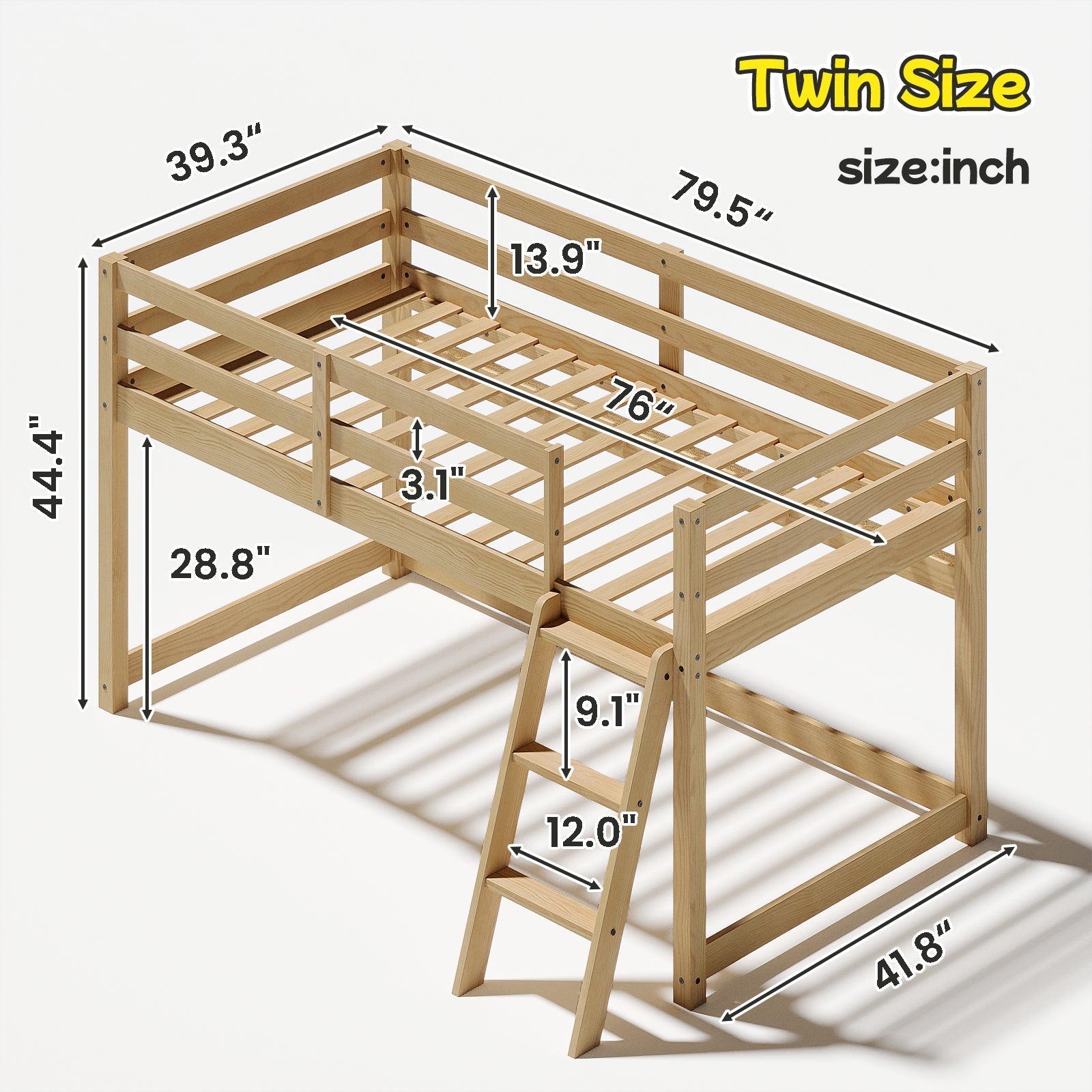 Kids Twin Low Loft Bed - Convertible to Bunk Bed, Solid Wood Modern Bed Frame with LED Strip Lighting, OAK.