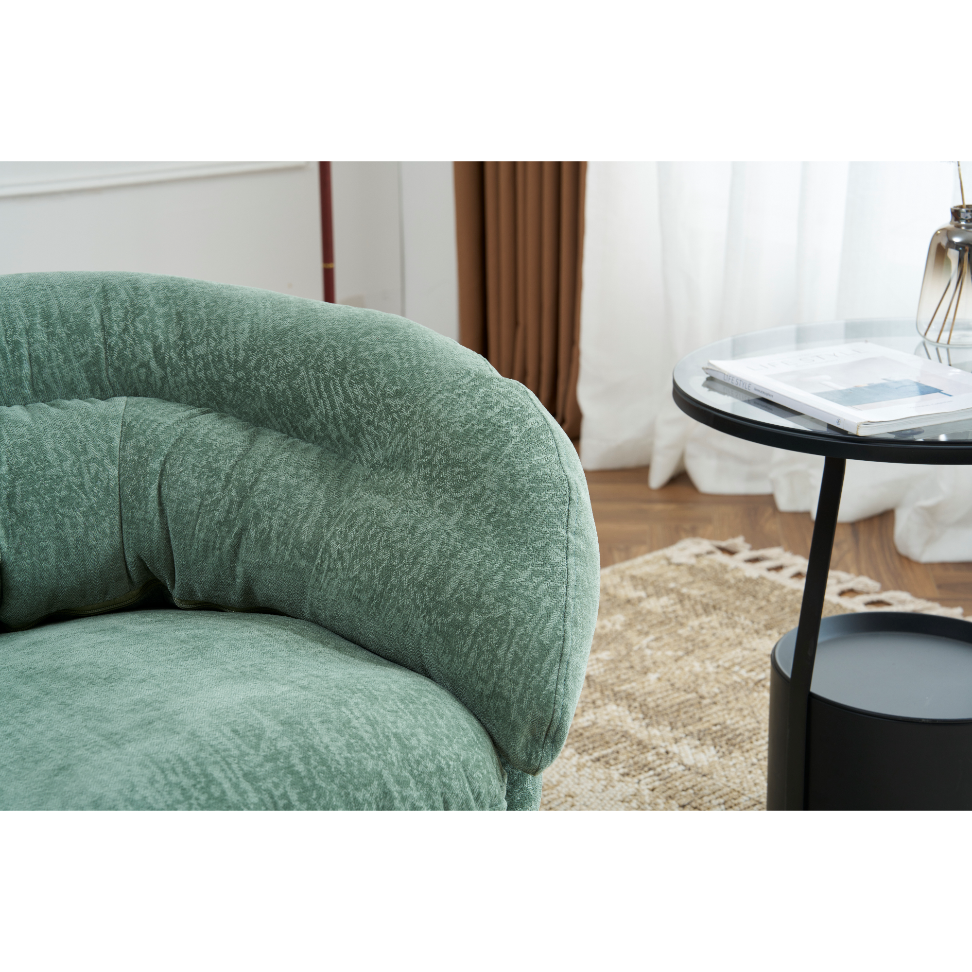 Modern Chenille Office Chair, 360° Swivel Club Chair/Accent Chair with Removable Cushion, Round Office Chair, Black Metal Base, Cotton Material, Living Room, Bedroom, Reading Corner, Office (Green)