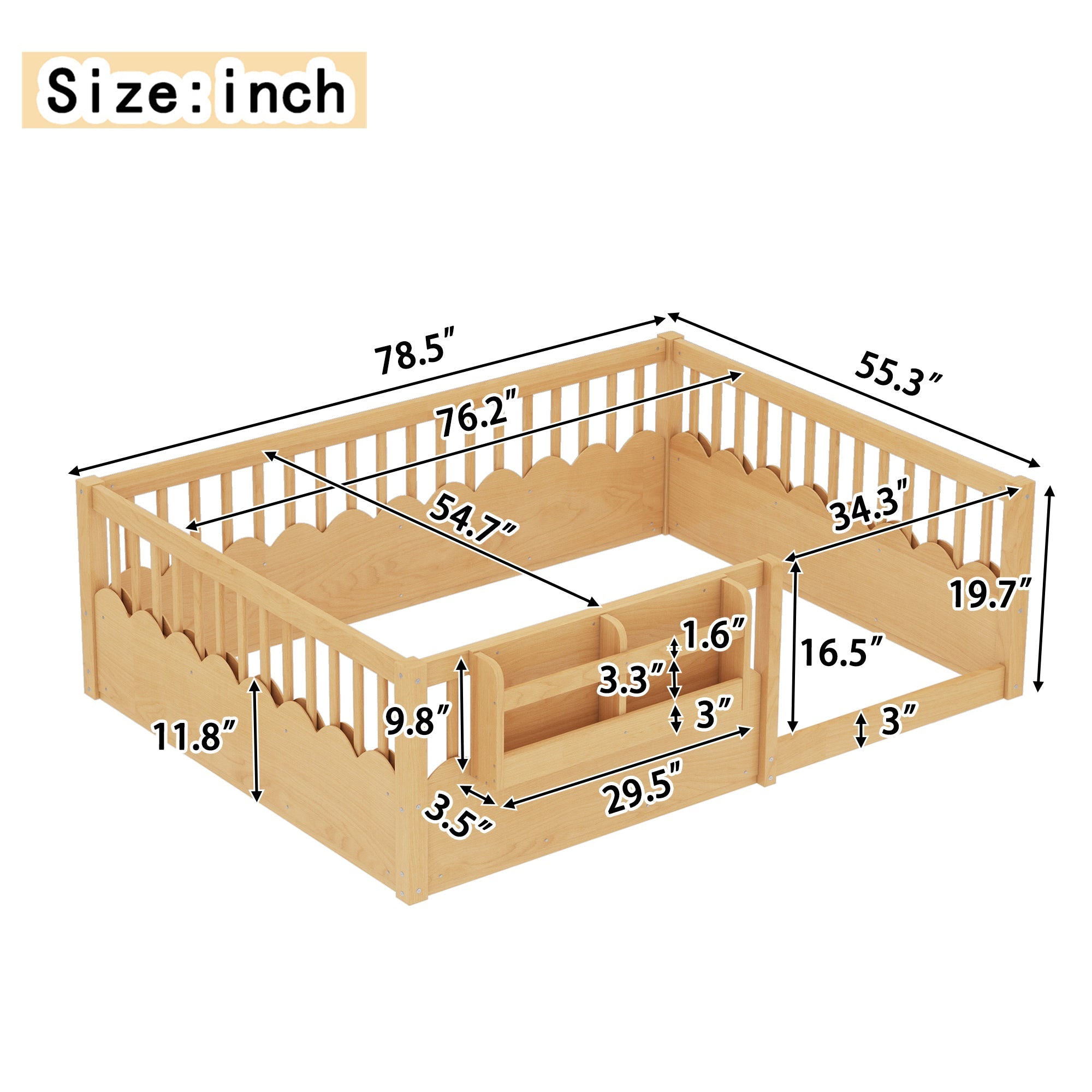Full Floor bed with Heightened Fence and bookshelf ,Wood Floor Bed for Kids,Natural.