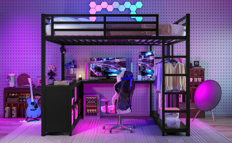 Metal Loft Bed with Wardrobe and L-shaped Desk, Queen Size Loft Bed with Storage Cubes and Shelves, Loft Bed for Kids Teens Adults, Black