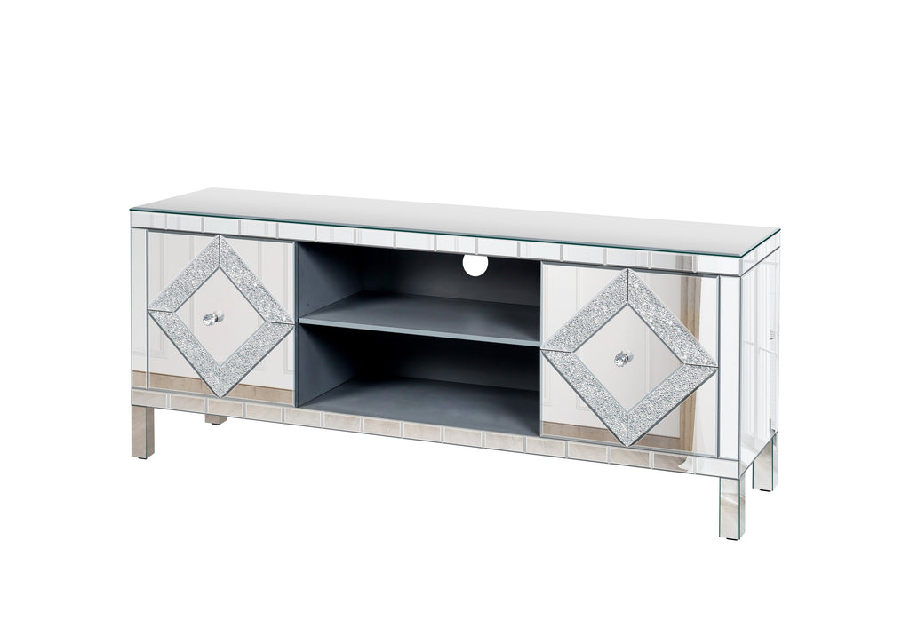 47 Inch Mirror TV Media Console with Diamond Glass Doors, Dual Door Design and Open Storage Space, Compatible with 50-Inch TVs&Modern Decor for Living Room & Bedroom