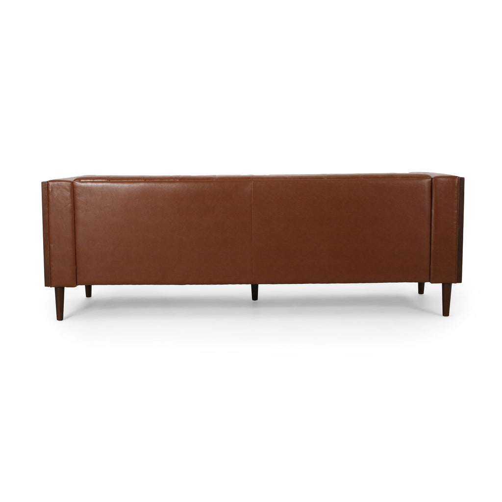 Contemporary 3-Seater Sofa with Tufted Design in Light Brown PU and Wood Accents