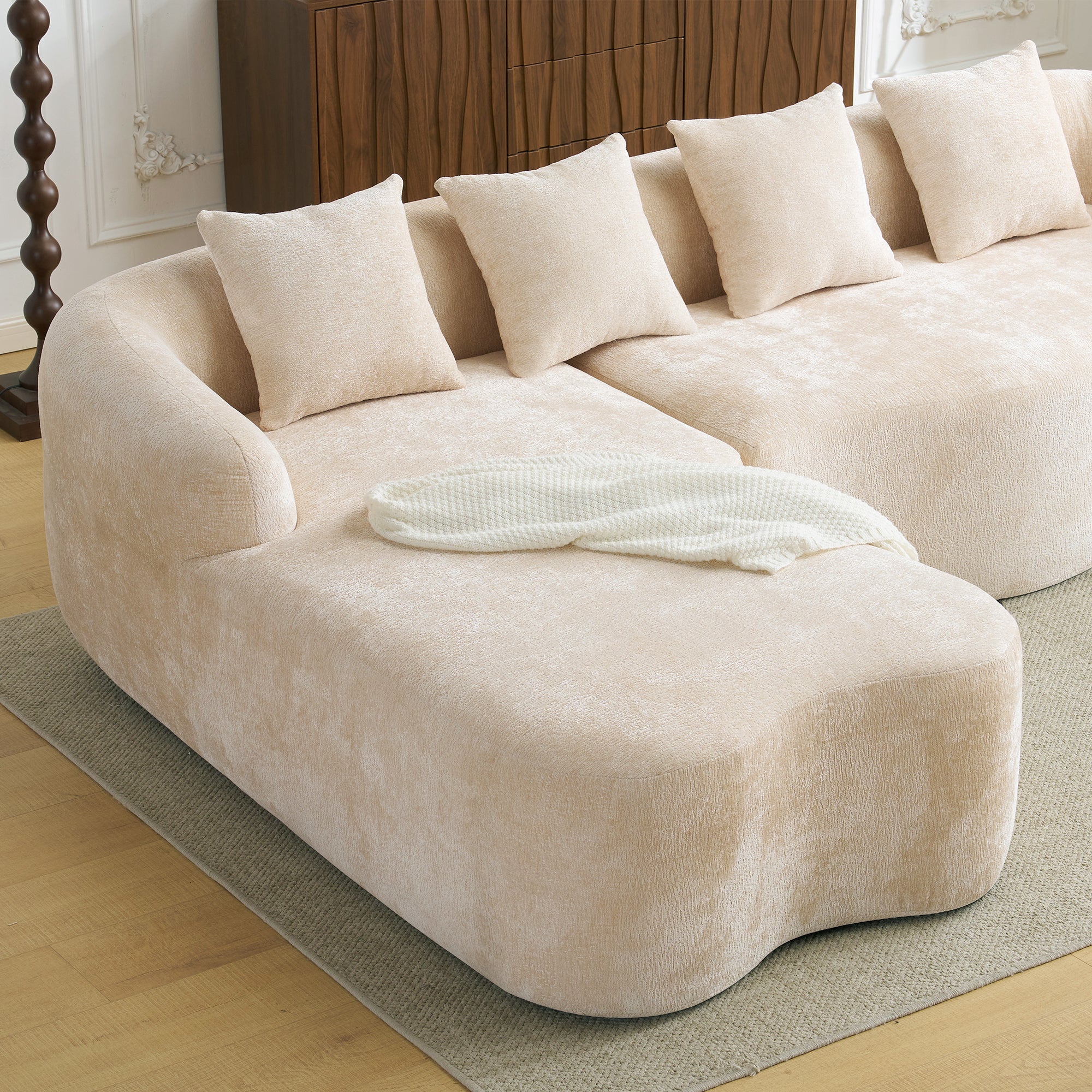 Full Compression L-Shape Sectional Sofa with Curved Chaise, Beige Modular Chenille Couch, High-Density for Apartment Living Room
