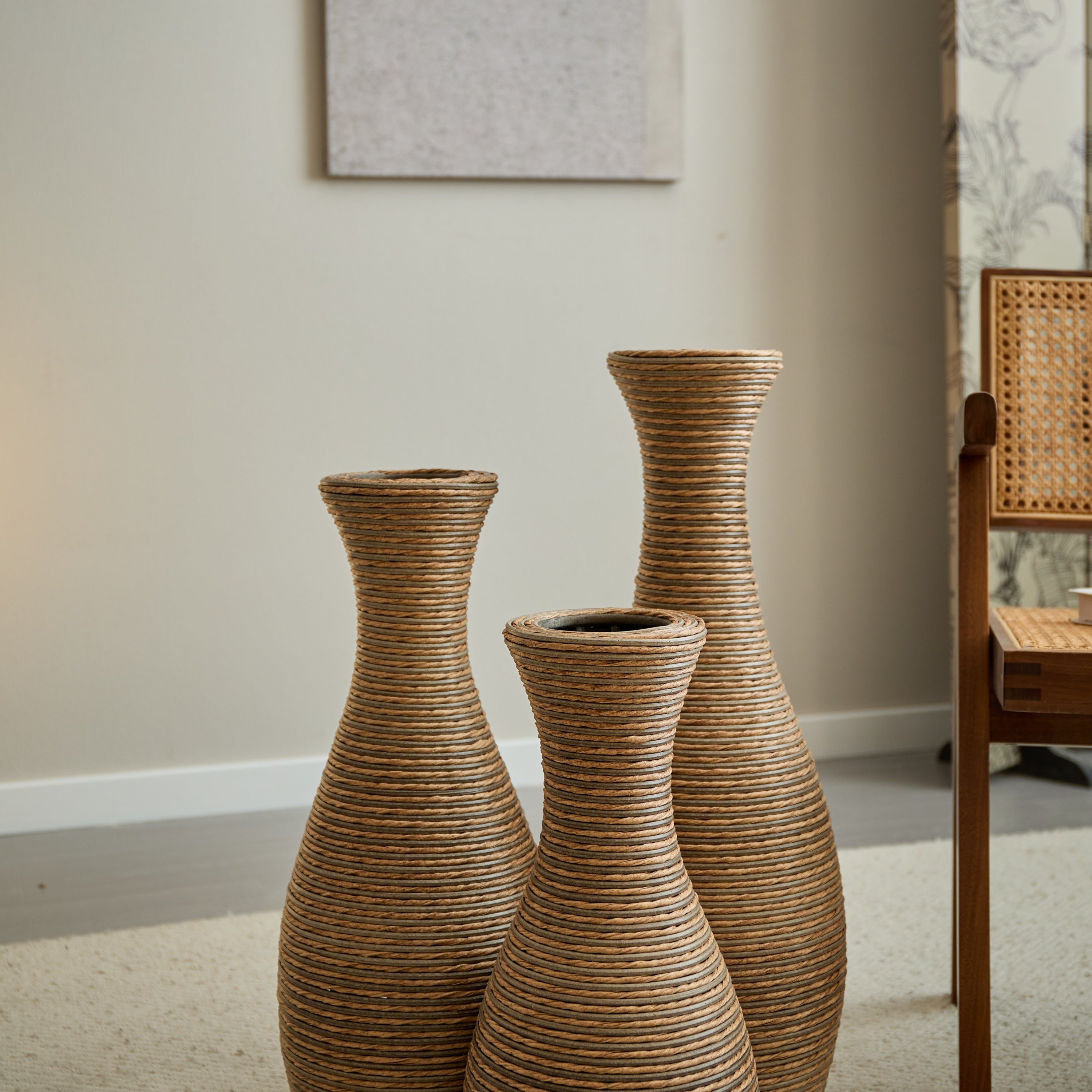 3-Piece Artificial Rattan Floor Vase Set – Decorative Accent for Living Room, Hallway & Entryway, Ideal for Dried or Silk Flower Arrangements, Beige