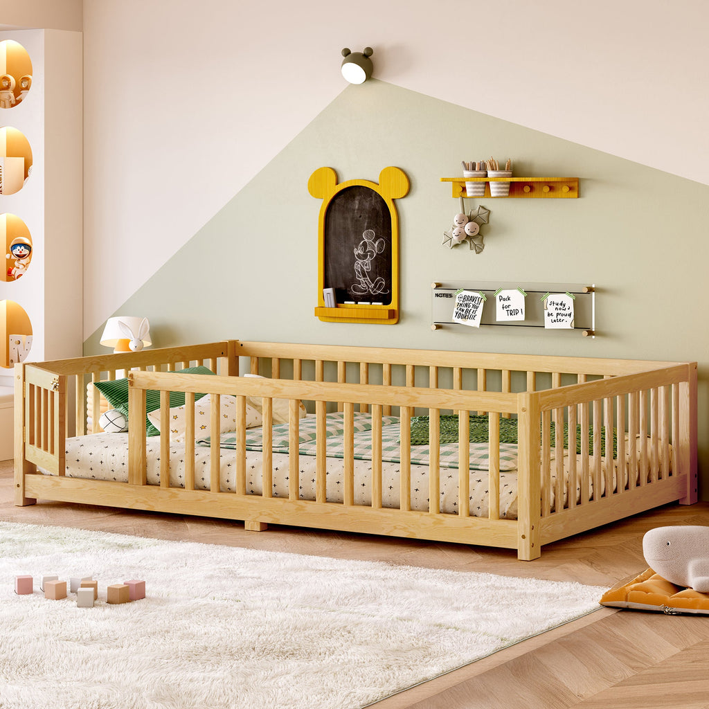 Full Size Bed Floor Bed with Safety Guardrails and Door for Kids, Natural(Old SKU:  W1580P154627)