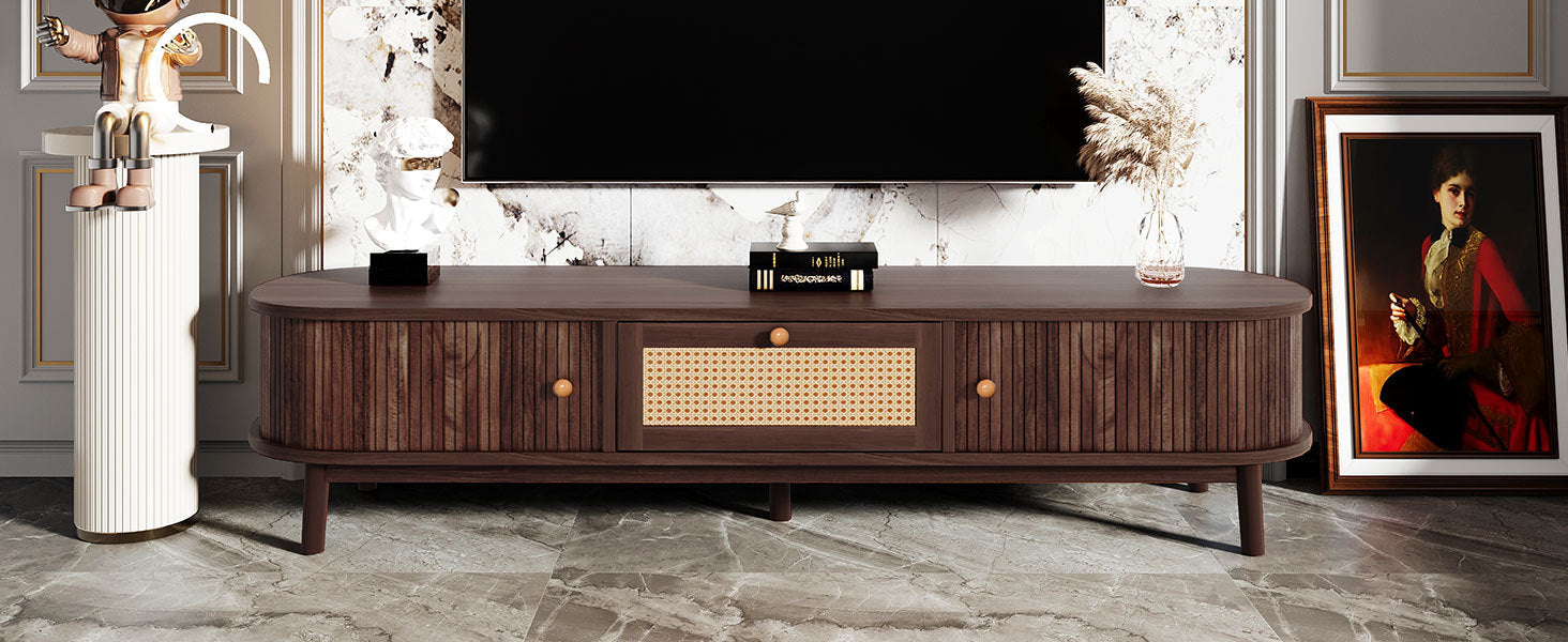 Modern Design TV Stand for 75' TVs, Media Console TV Cabinet with Rattan-Front Drawer for Living Room, 1 Drawer and 2 Sliding-Door Cabinets