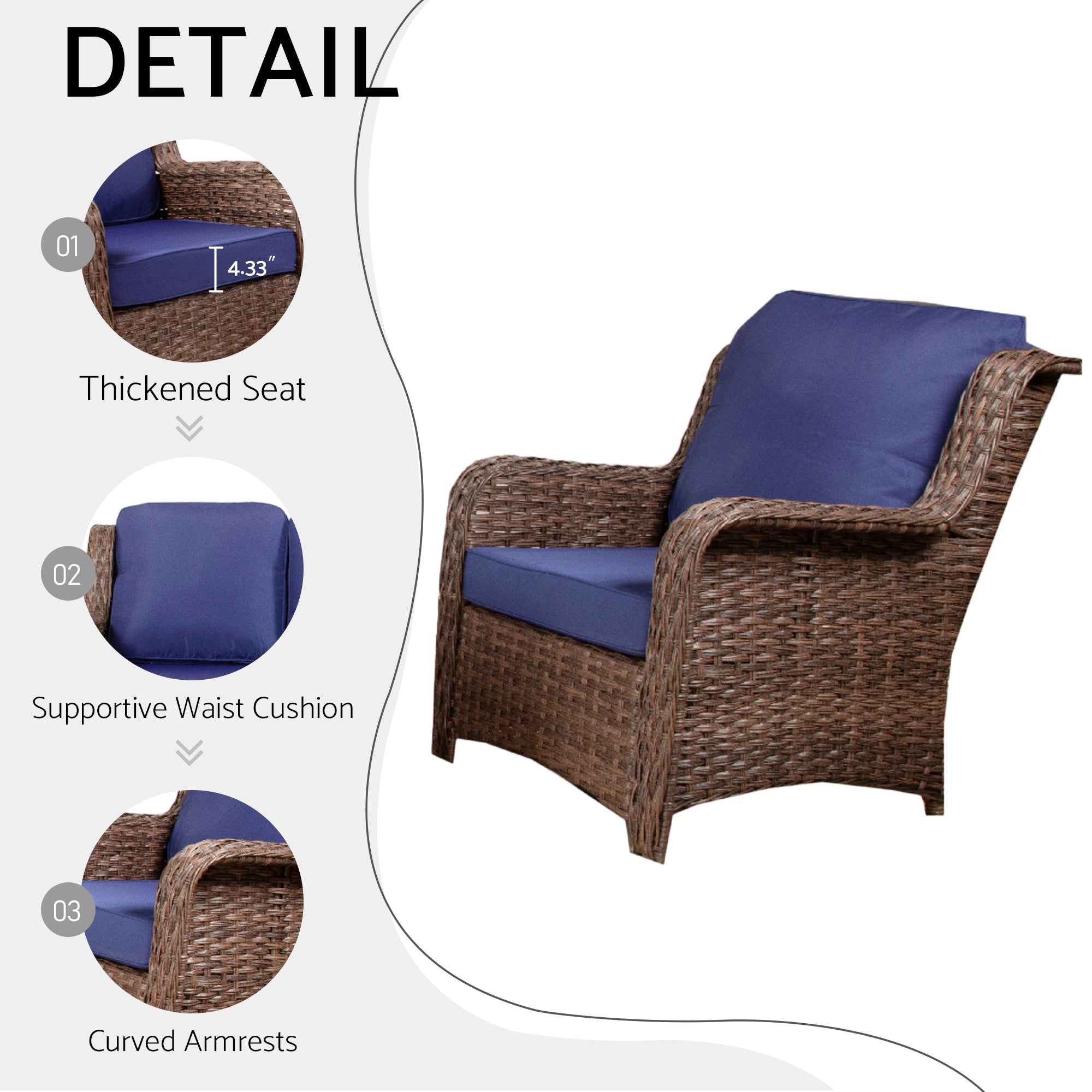 Patio Furniture Set Rattan Outdoor Sectional Conversation Sets 3-Seat Outdoor Couch,2 Single Chair and 2 Ottoman for Lawn, Balcony, Garden, Backyard (Gray-Navy, Set of 5)