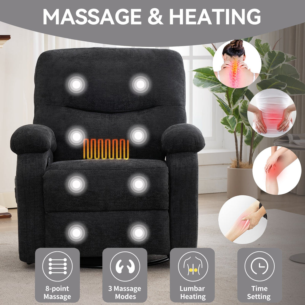 Hot massage manual lounge chair, with rocker arms and rotating fabric, with cup bucket, for living room, black