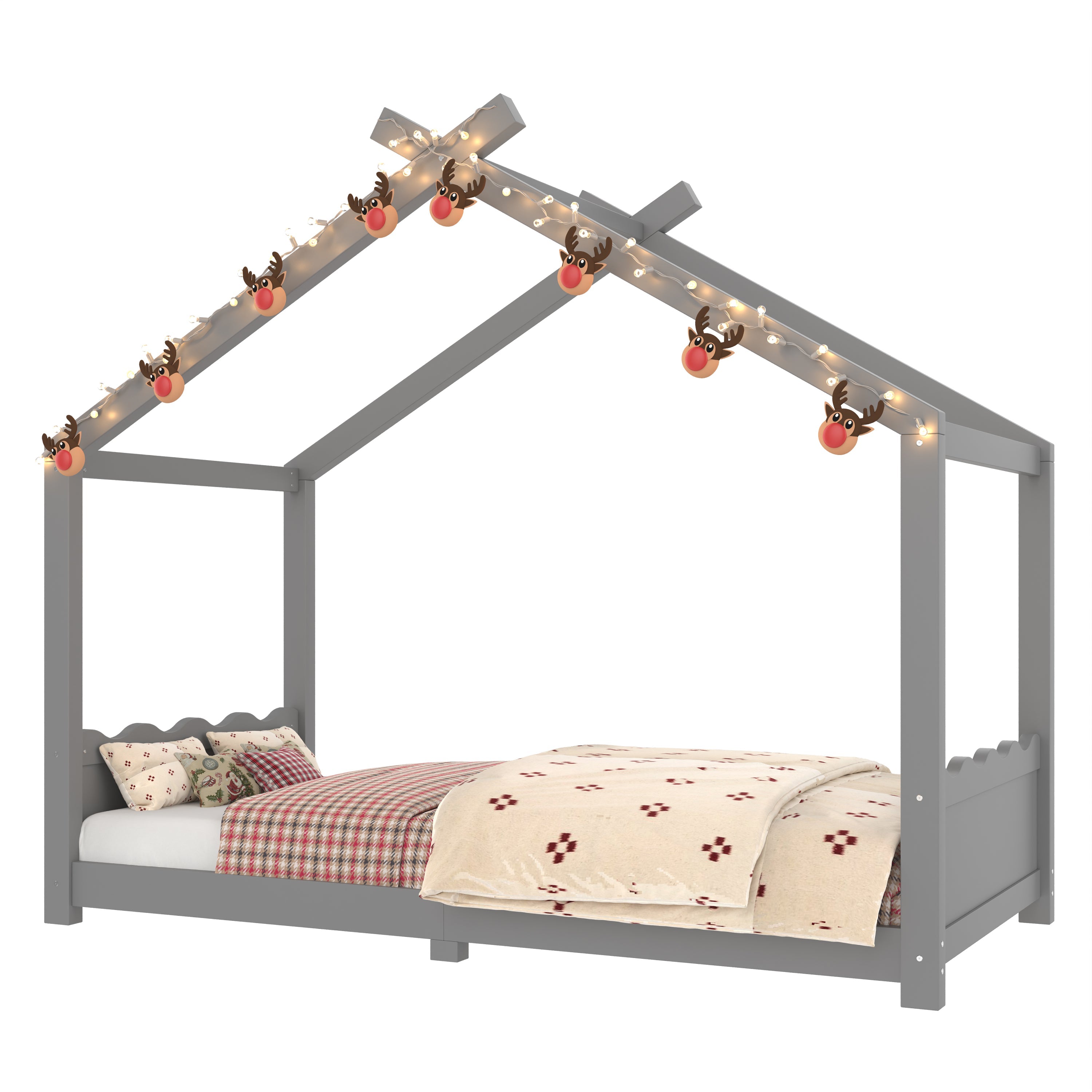 Twin House Floor Bed with Support Slats, Solid Wood House Bed Frame for Kids, No Box Spring Needed and Opening Constructure, Gray