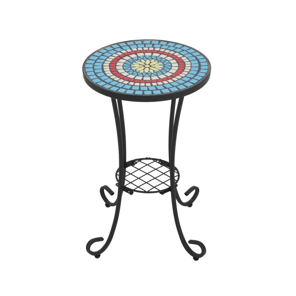 Vibrant Patio Side Table with Shelf, Floral Design, Blue and Black Ceramic Tile, 14-Inch