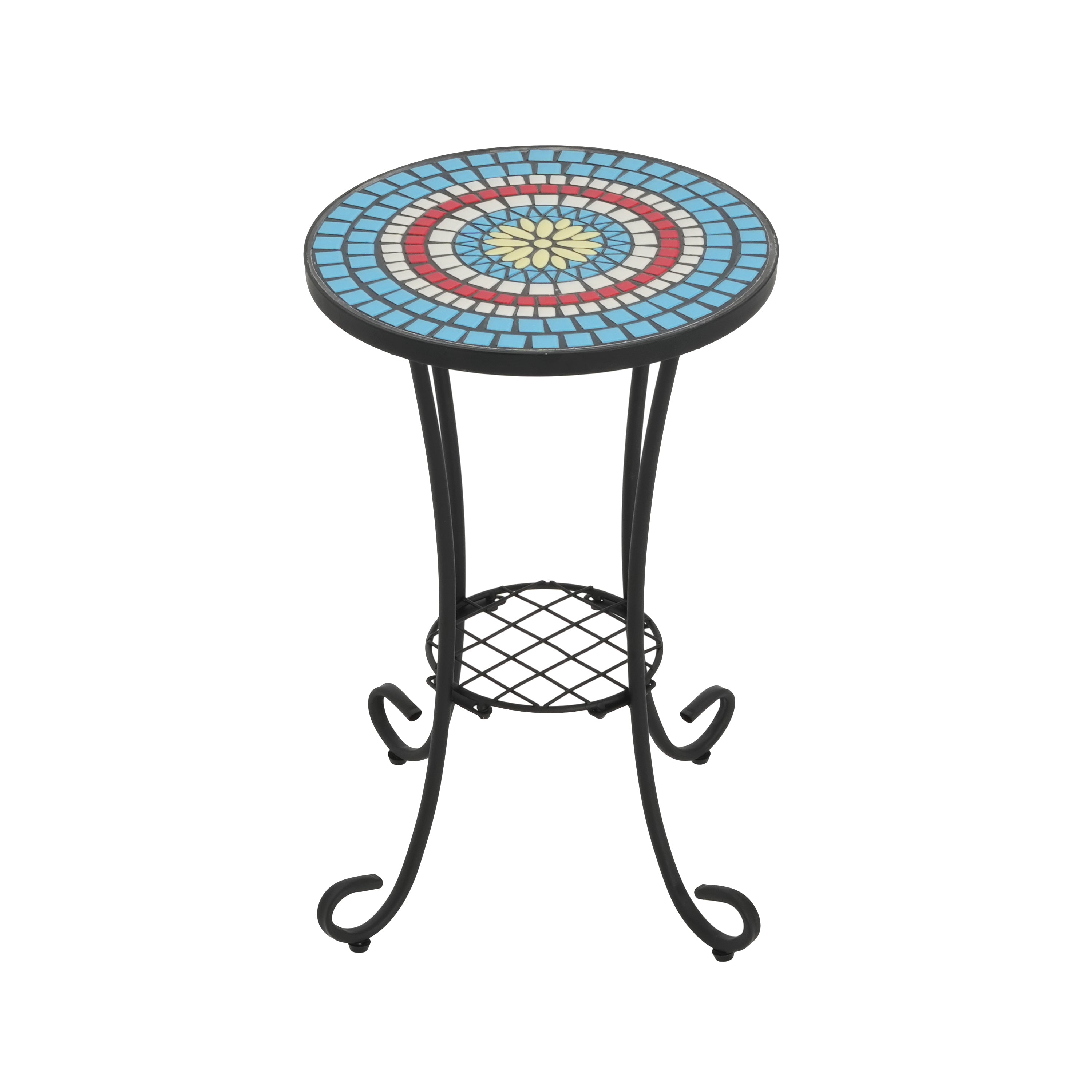 Vibrant Patio Side Table with Shelf, Floral Design, Blue and Black Ceramic Tile, 14-Inch