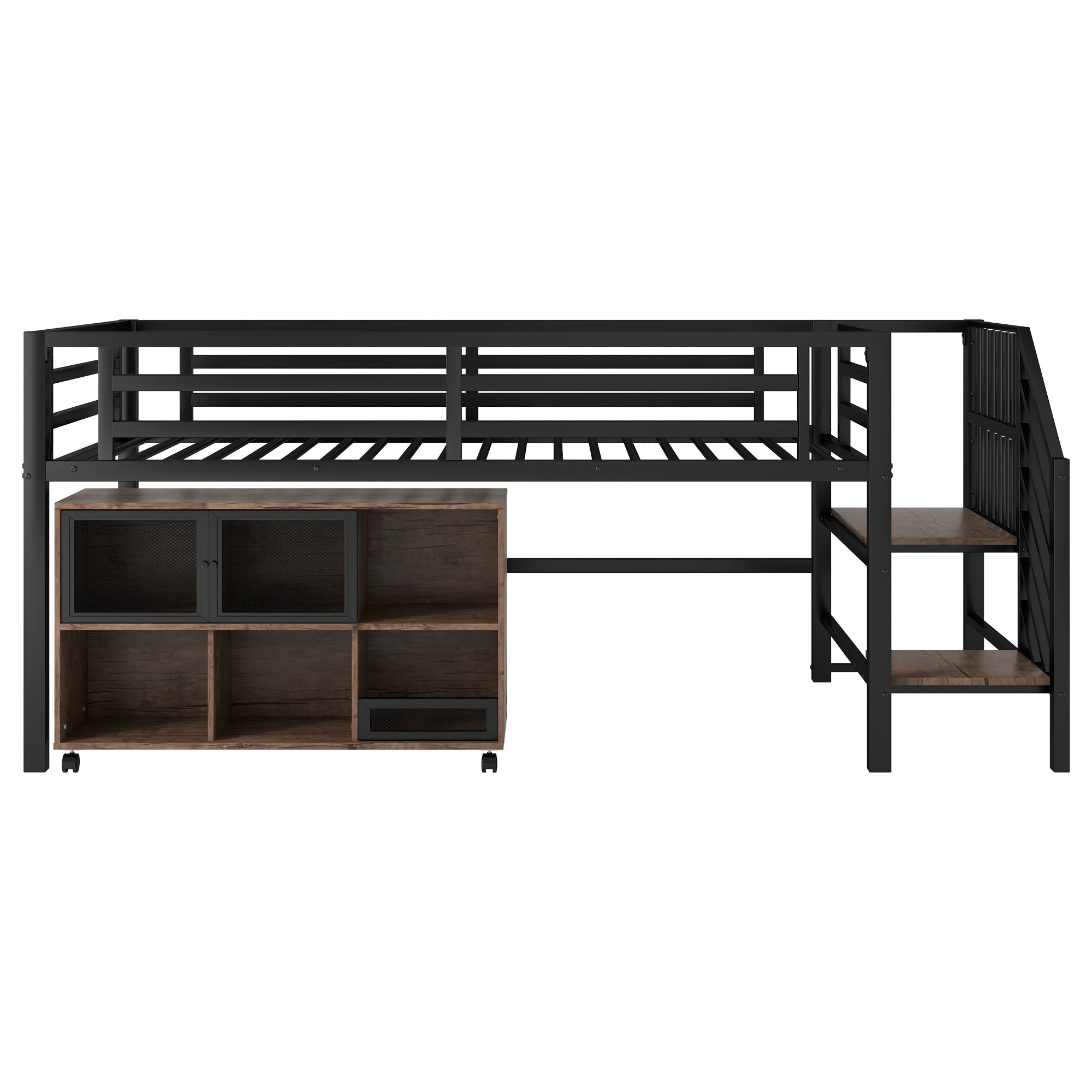 Twin Metal Loft Bed with Storage Cubby, Low Metal Loft Bed with Stairs for Kids, Black, Expect Arrival Date 2025/11/10