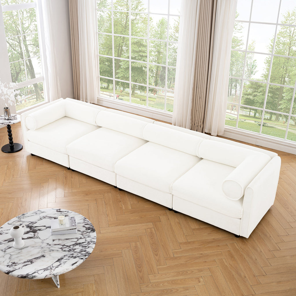 Modular Sectional Sofa with Storage, Cylindrical Backrest and Armrests Deep Comfortable Seating,Durable and Supportive for Living Room,4 Seat L- Shaped Sofa, White