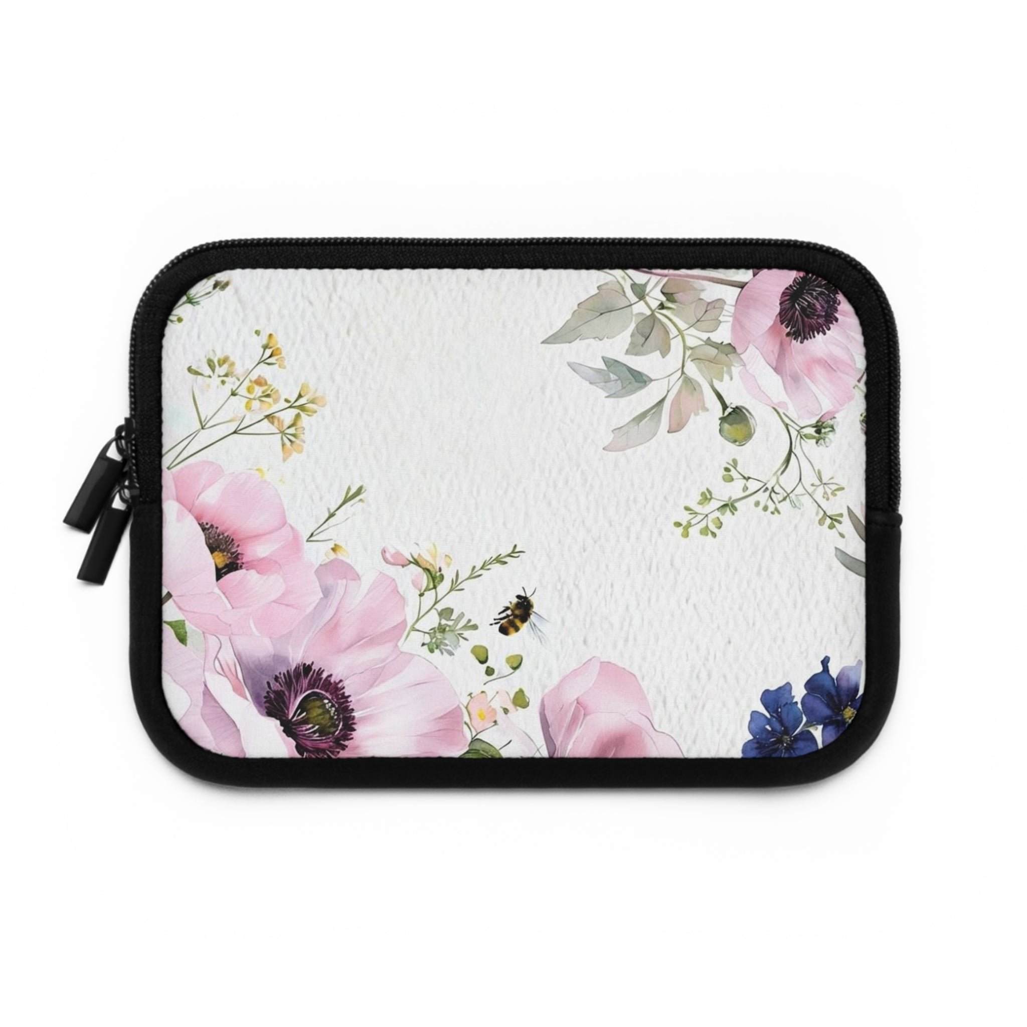 Pink Anemone Floral Laptop Sleeve | Watercolor Bee Tech Cover for Women