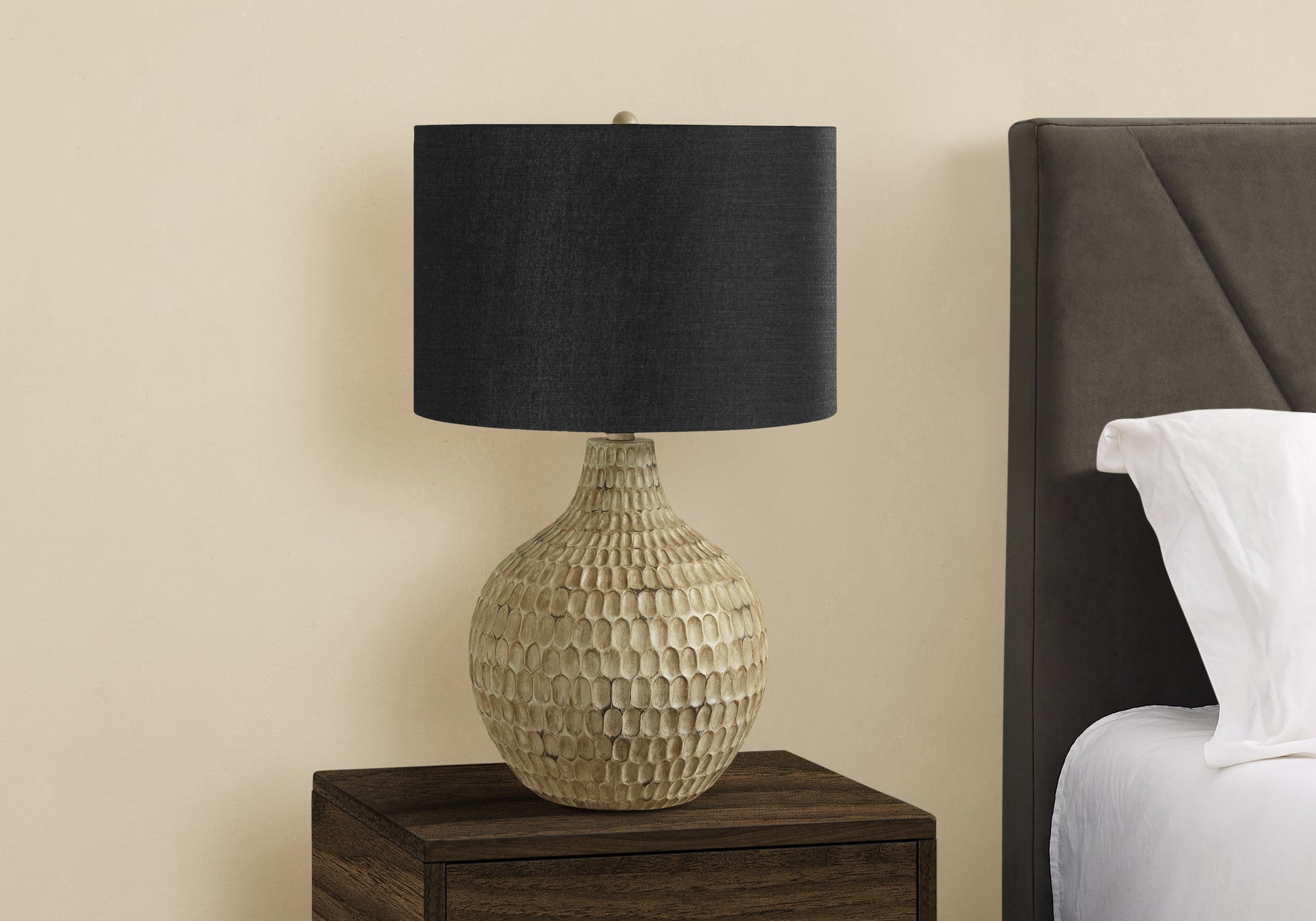 Lighting, 25'h, Table Lamp, Black Shade, Brown Resin, Contemporary