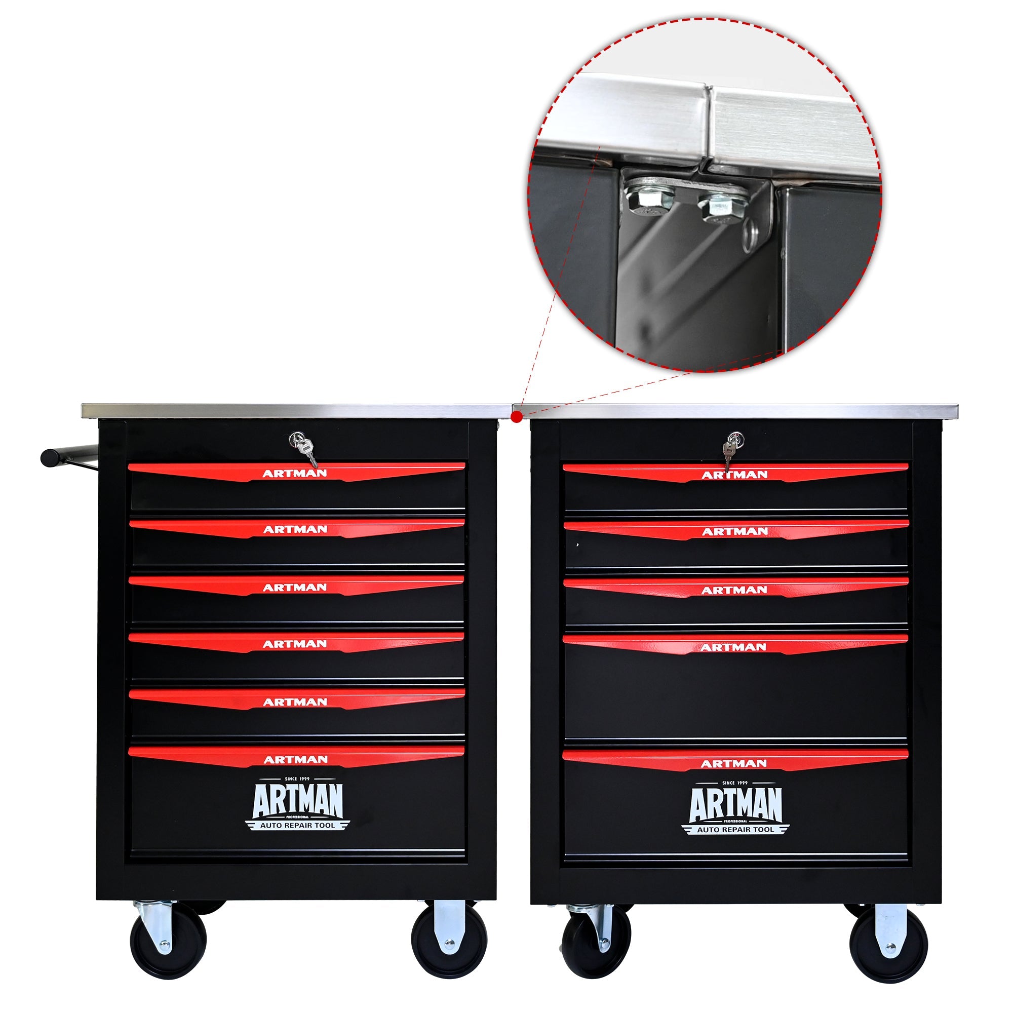 6-Drawer Multifunctional Tool Cart with Wheels, Metal Rolling Tool Cart Storage for Garage Workshop Warehouse Repair Shop - with Stainless Steel Roof - Black & Red