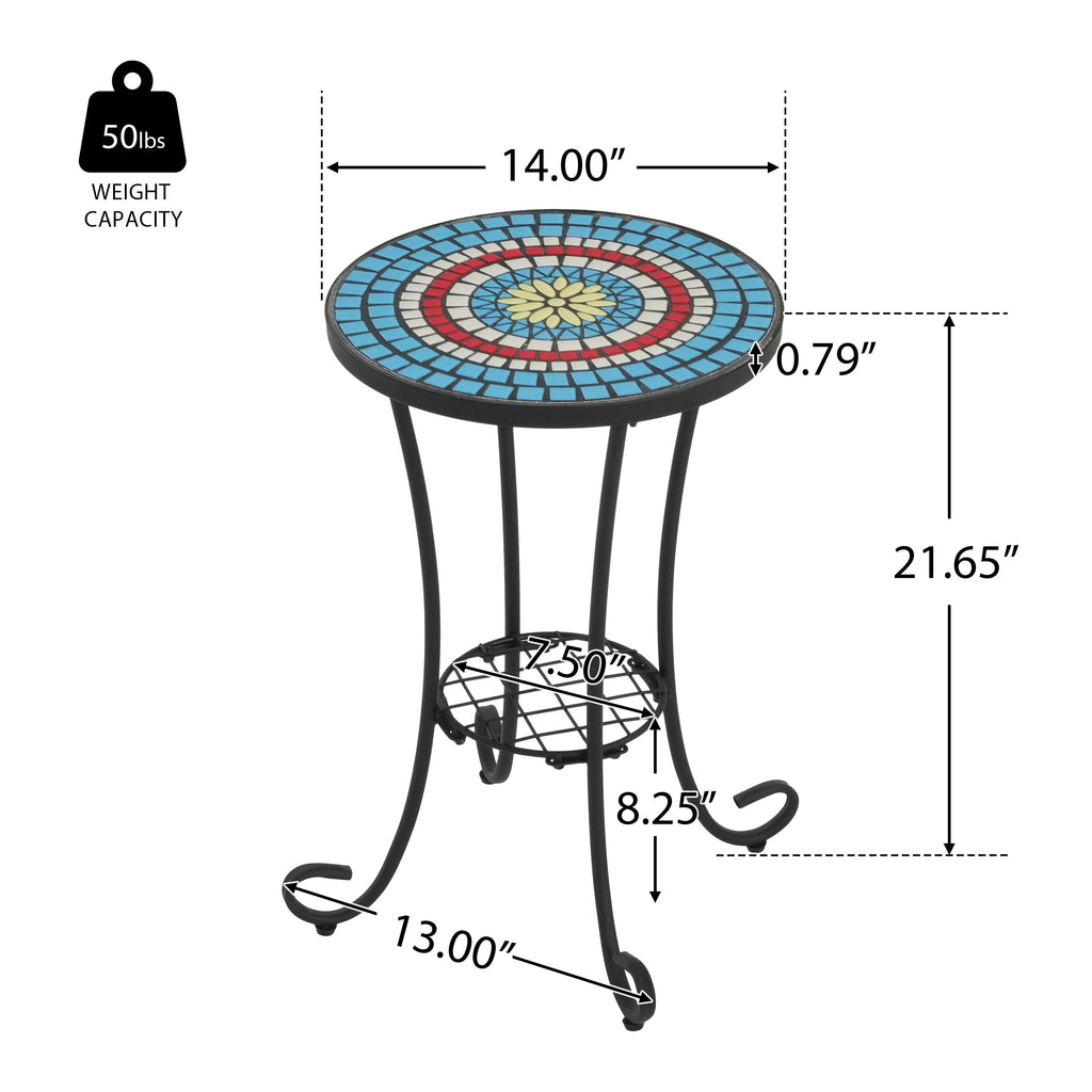 Vibrant Patio Side Table with Shelf, Floral Design, Blue and Black Ceramic Tile, 14-Inch