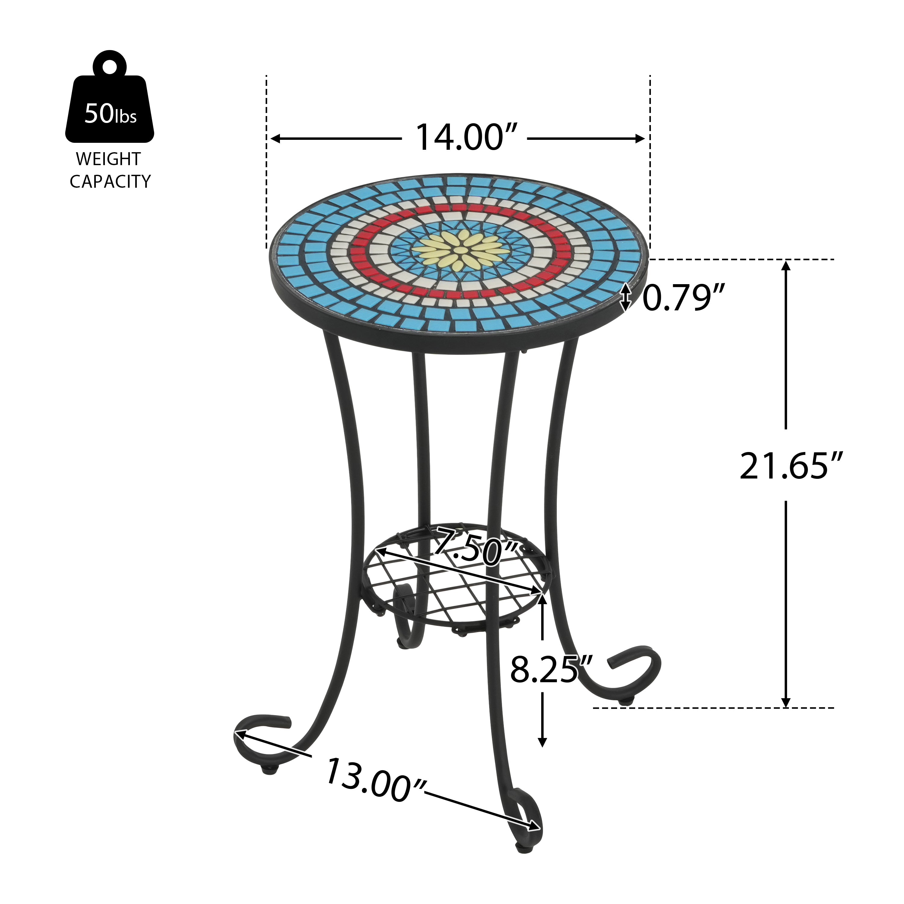 Vibrant Patio Side Table with Shelf, Floral Design, Blue and Black Ceramic Tile, 14-Inch