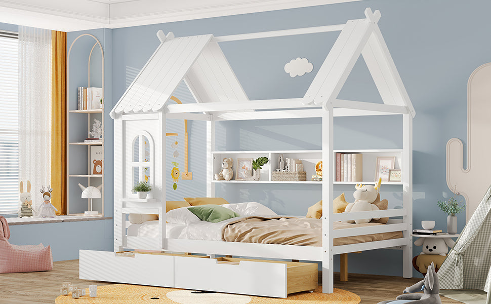 Full house Beds with Storage Drawers and Window, Solid Wood House Platform Bed Frame with shelves, for Kids, Girls, Boys, No Spring Box Needed and Childlike Design, White