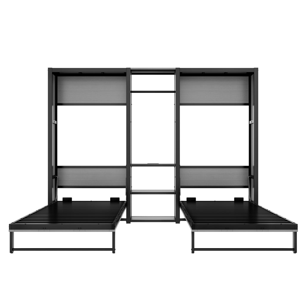 Twin and Twin Murphy Bed, Metal Foldable Murphy Bed with Wardrobe, Shelves and Power Outlets, 2 in 1 Design, Space-saving, Gray