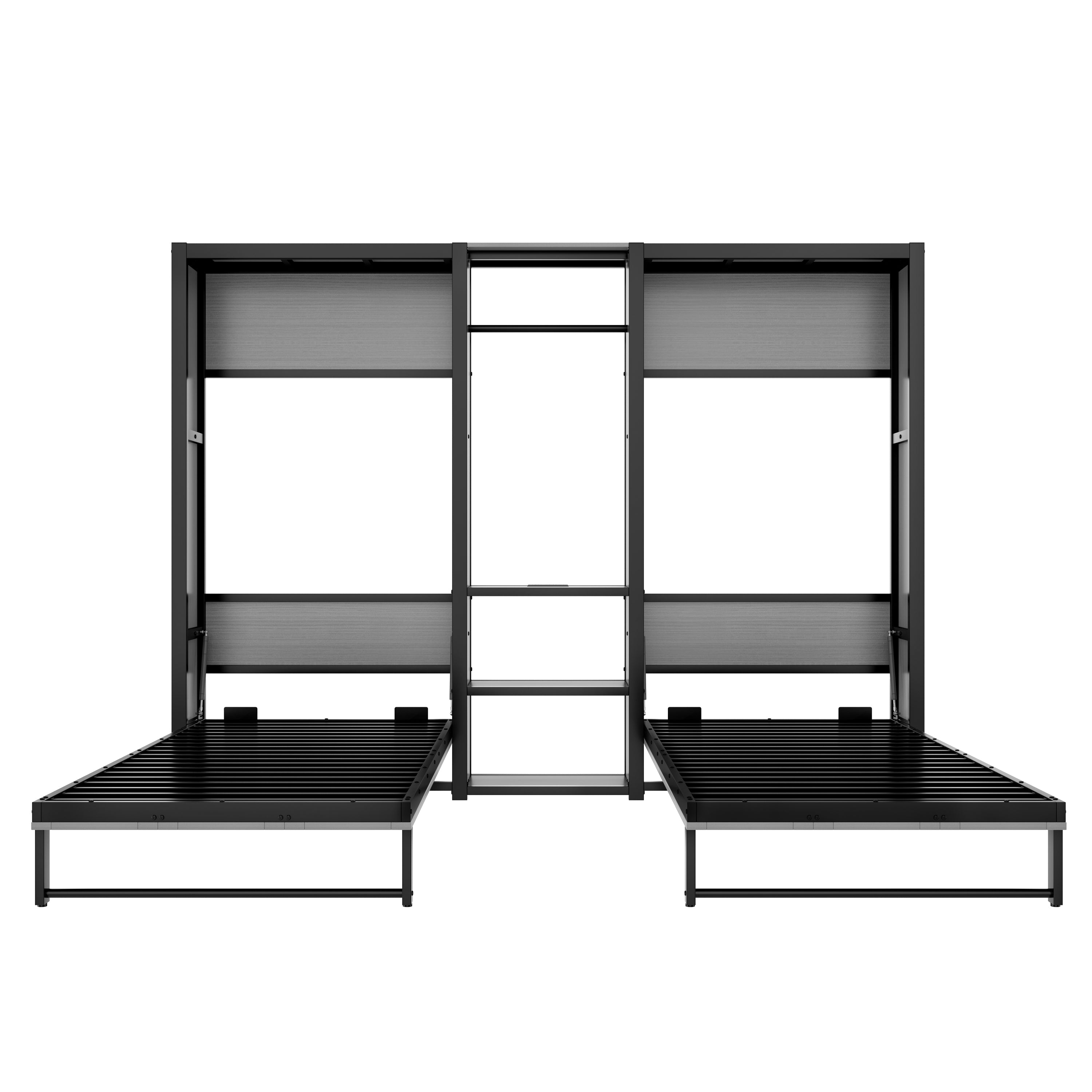 Twin and Twin Murphy Bed, Metal Foldable Murphy Bed with Wardrobe, Shelves and Power Outlets, 2 in 1 Design, Space-saving, Gray