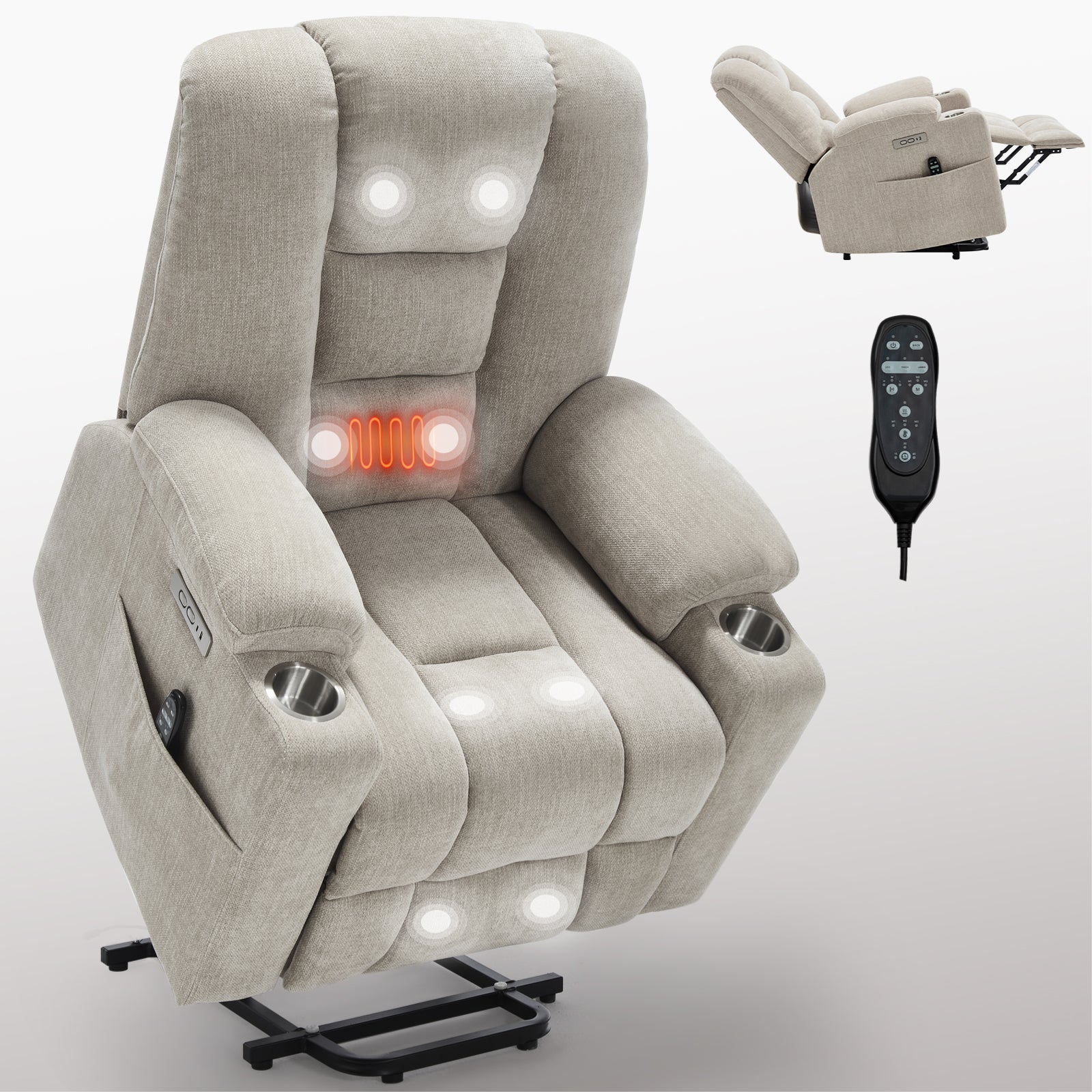 Power Lift Recliner Chair with Massage and Heat for Elderly, Overstuffed Wide Recliners, Heavy Duty Motion Mechanism with USB and Type C Ports, 2 Steel Cup Holders, Beige
