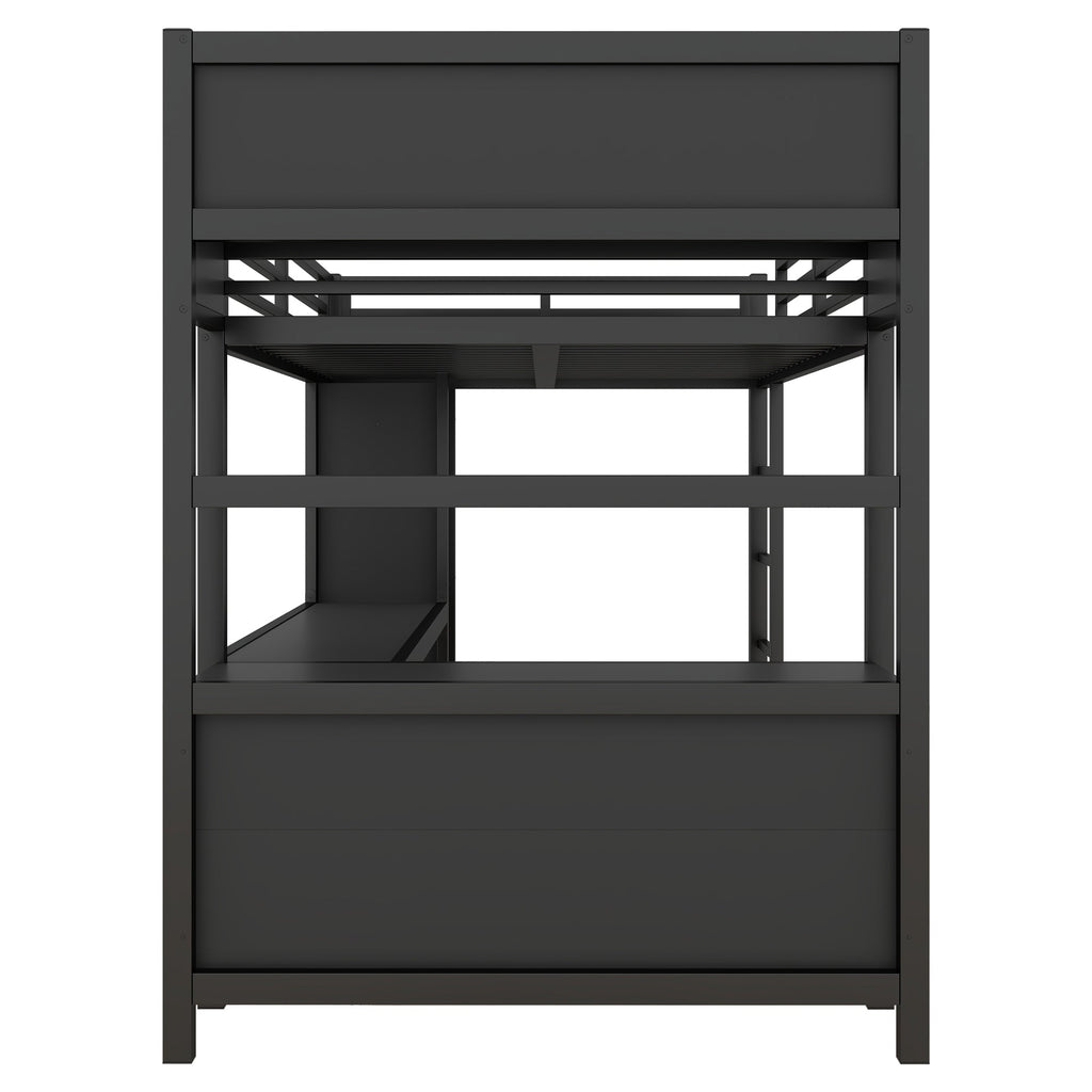 Metal Loft Bed with Wardrobe And L-shaped Desk, Full Size Loft Bed with Storage Cubes and Shelves, Heavy Duty Loft Bed for Kids Teens Adults, Black