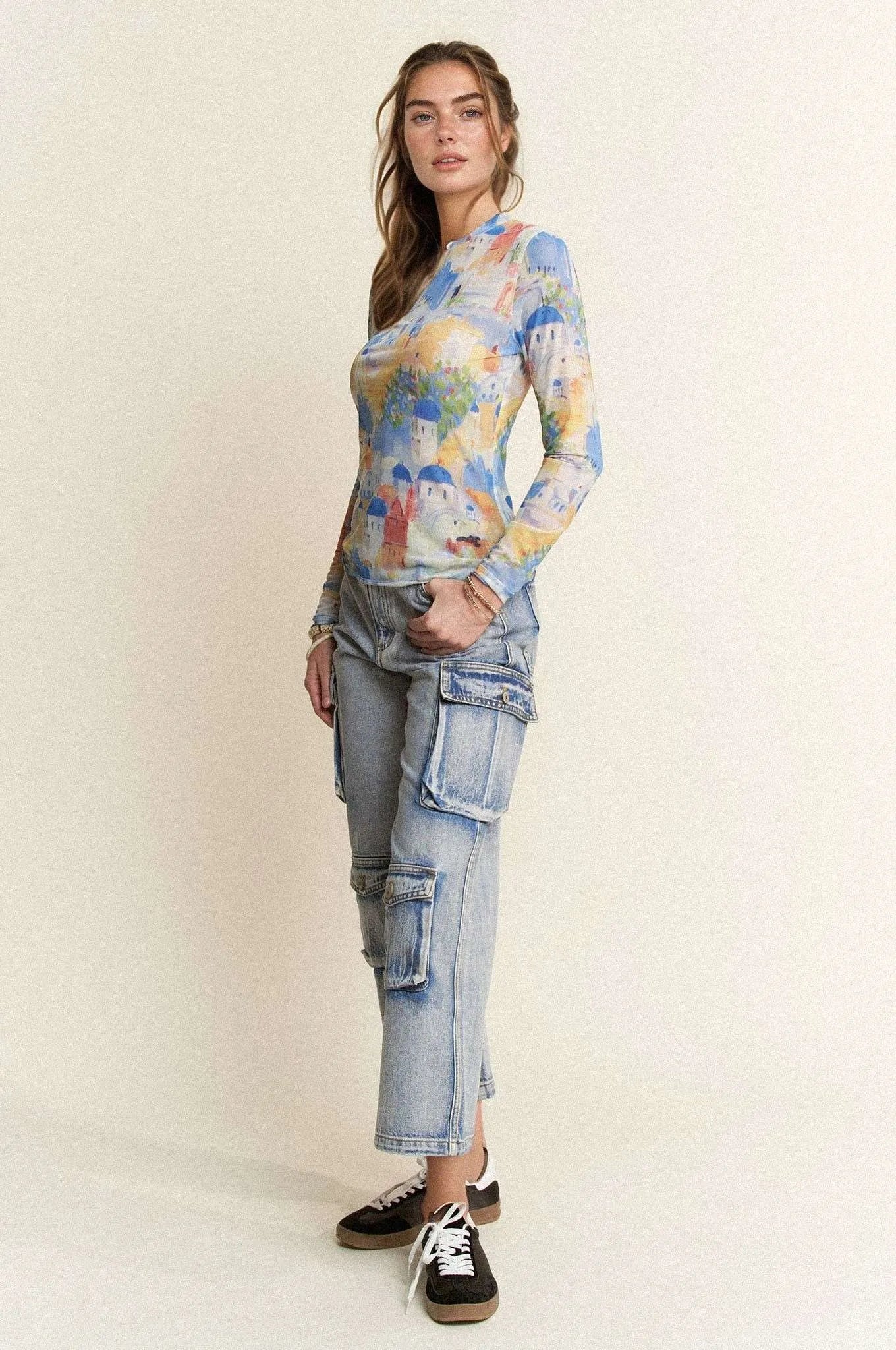 Davi & Dani Multi Printed Mesh Round Neck Long Sleeve Top