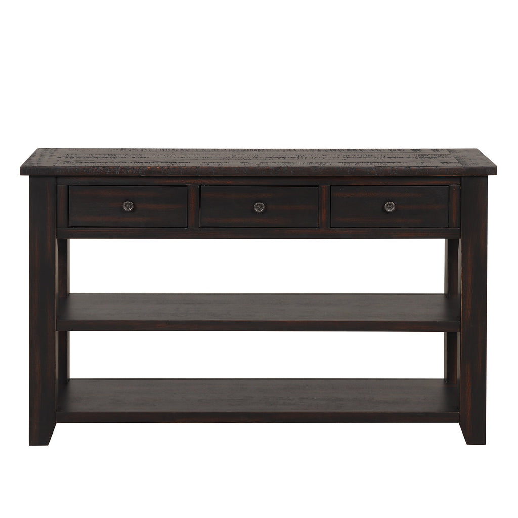 48'' Solid Pine Wood Top Console Table, Modern Entryway Sofa Side Table with 3 Storage Drawers and 2 Shelves. Easy to Assemble ( Black)