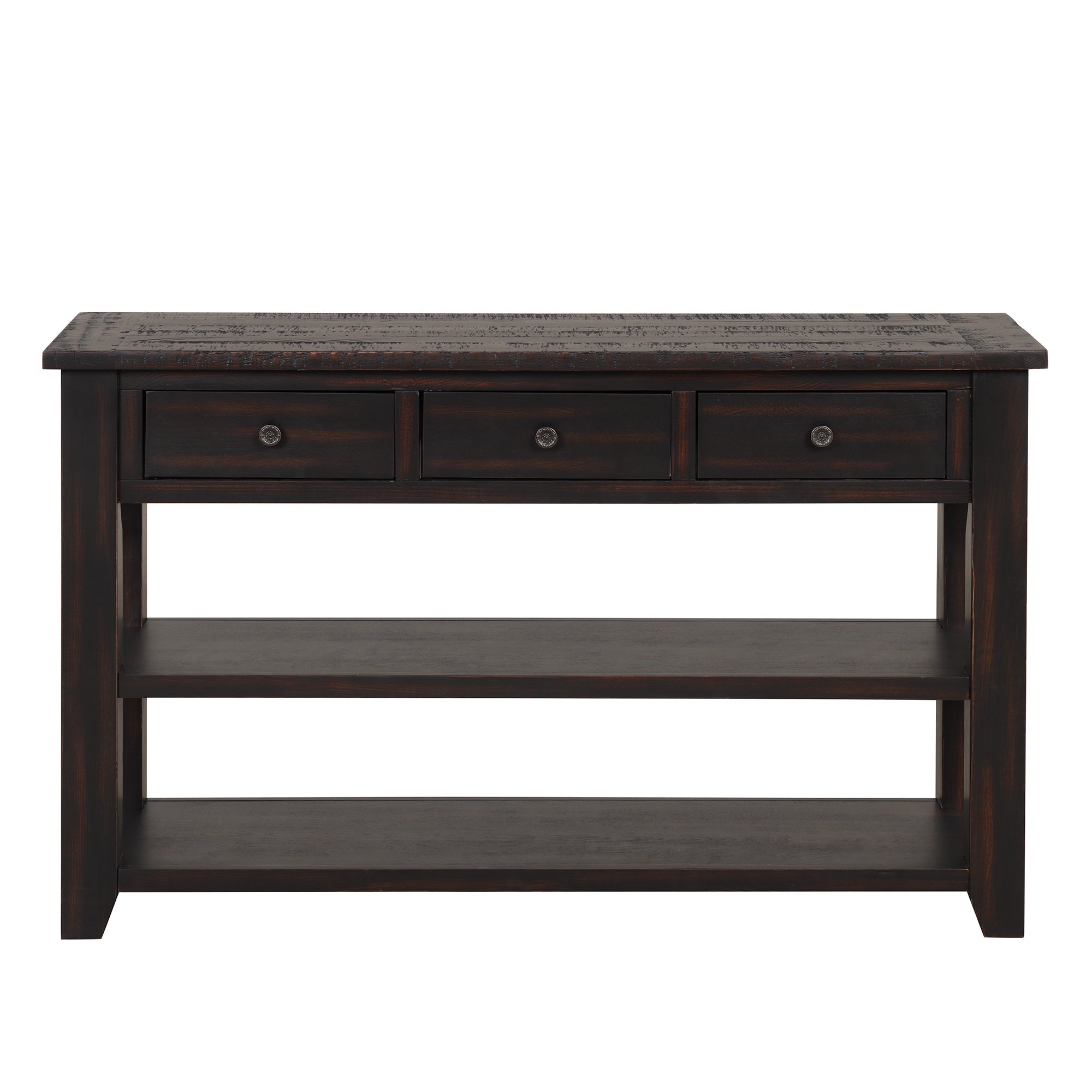 48'' Solid Pine Wood Top Console Table, Modern Entryway Sofa Side Table with 3 Storage Drawers and 2 Shelves. Easy to Assemble ( Black)