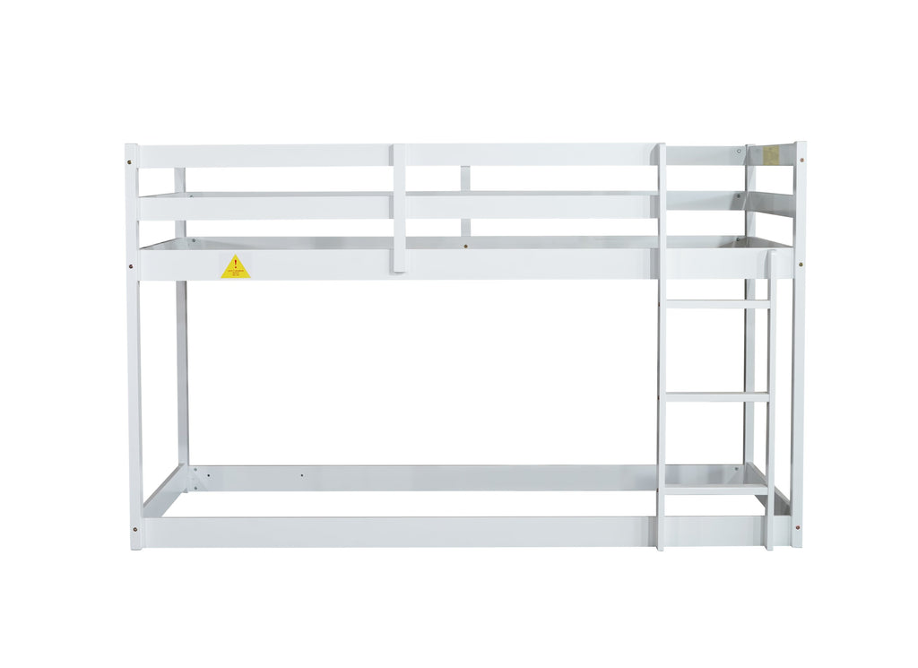 Solid Wooden, Solid Rubber Wooden Twin over Twin Floor Bunk Bed with Ladder, with Bed Platform of Strengthened Slats,White