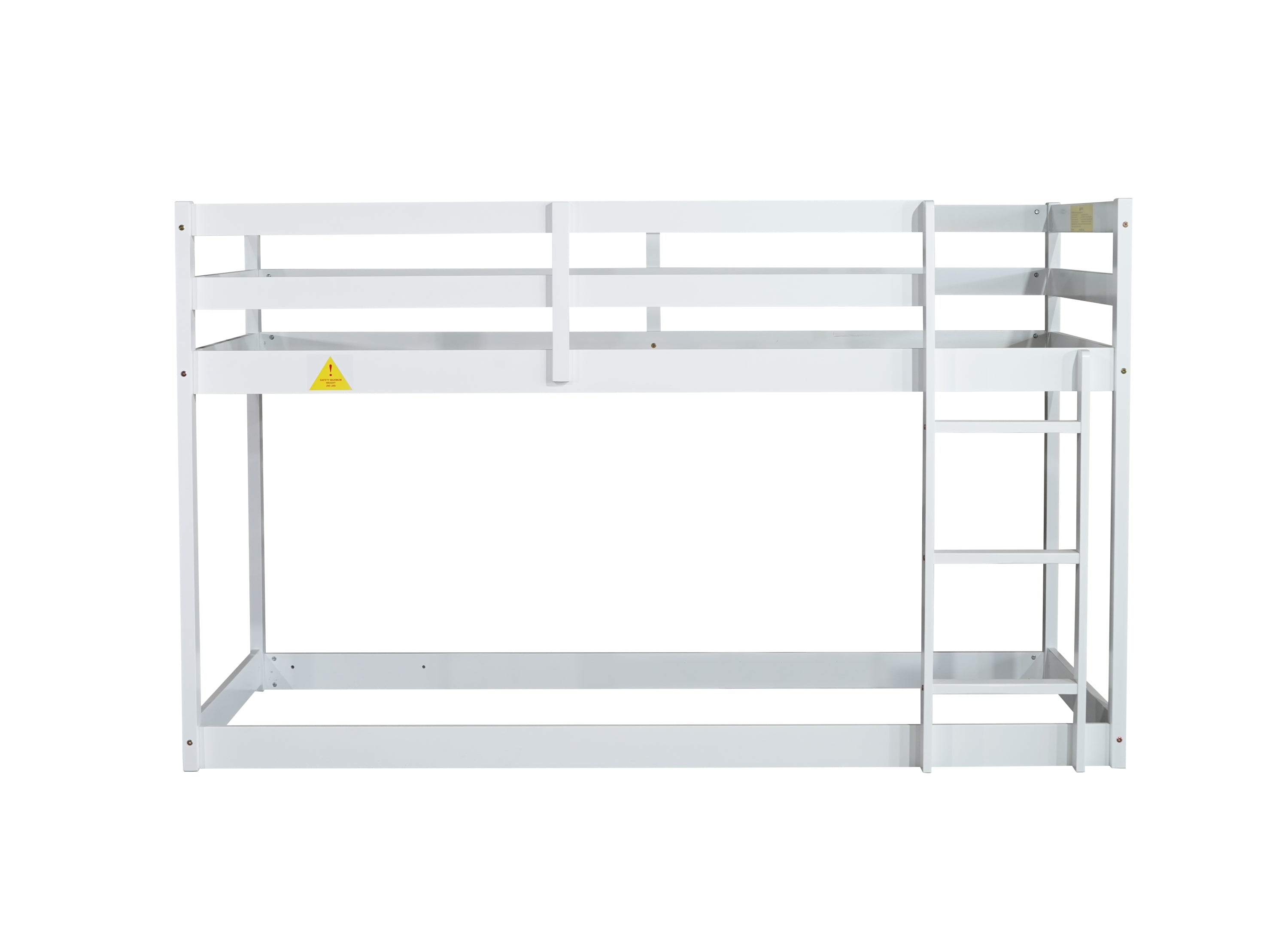 Solid Wooden, Solid Rubber Wooden Twin over Twin Floor Bunk Bed with Ladder, with Bed Platform of Strengthened Slats,White