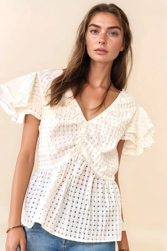 Davi & Dani Shirring V-Neck Ruffle Gingham Plaid Printed Top
