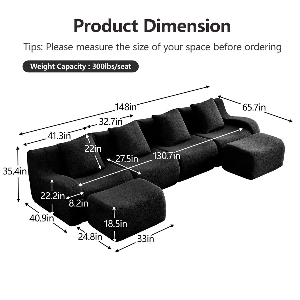 U-Shaped Boneless Sofa,Teddy Fabric No assembly required Curved armrest,Anti-slip Design,Streamlined Design 32D High Density Sponge,Full Compression Vacuum Packag,For Studies living Rooms,Black