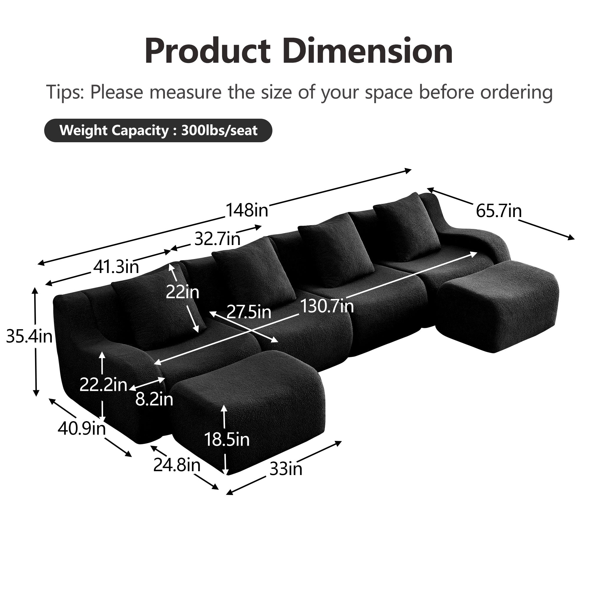 U-Shaped Boneless Sofa,Teddy Fabric No assembly required Curved armrest,Anti-slip Design,Streamlined Design 32D High Density Sponge,Full Compression Vacuum Packag,For Studies living Rooms,Black