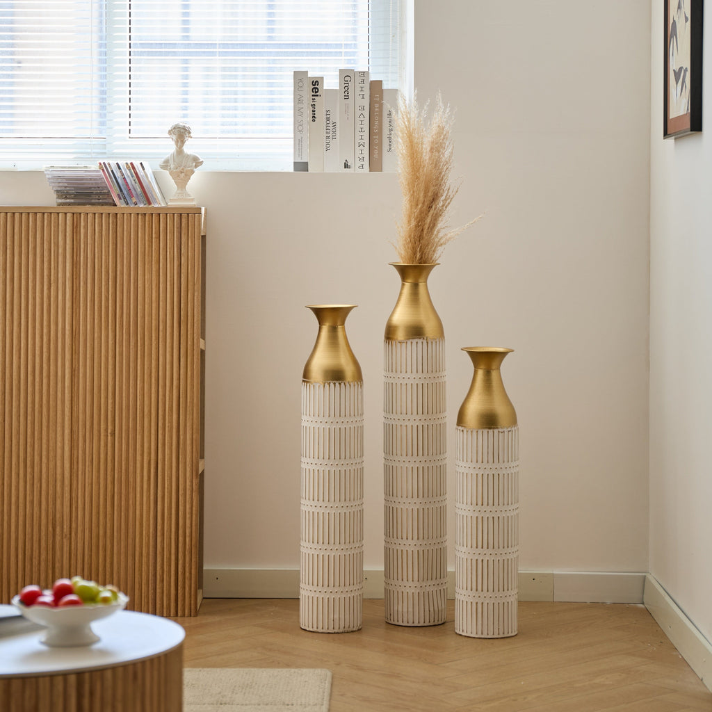 Floor Metal Vases Decorated White Metal Vases Set of 3 Gorgeous Home Decoration Large Glazed Metal Vases 24in/28.7in/33.5in Height