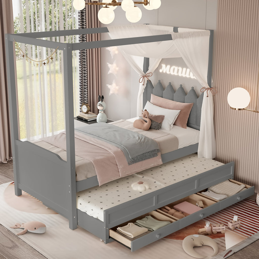Twin Platform Bed with Upholstered Headboard,Twin Size Trundle and 3 Drawers,Princess Canopy Bed Frame for Kids,Storage & Easy Assembly,Gray